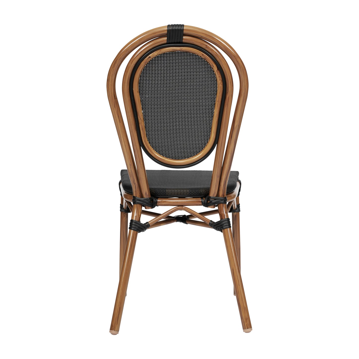 Marseille Indoor/Outdoor Commercial Thonet Bistro Stacking Chair, Black Textilene and Bamboo Print Aluminum Frame in Natural Black/Natural Frame