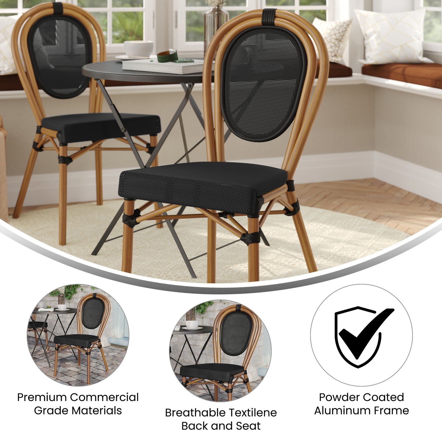 Marseille Indoor/Outdoor Commercial Thonet Bistro Stacking Chair, Black Textilene and Bamboo Print Aluminum Frame in Natural Black/Natural Frame