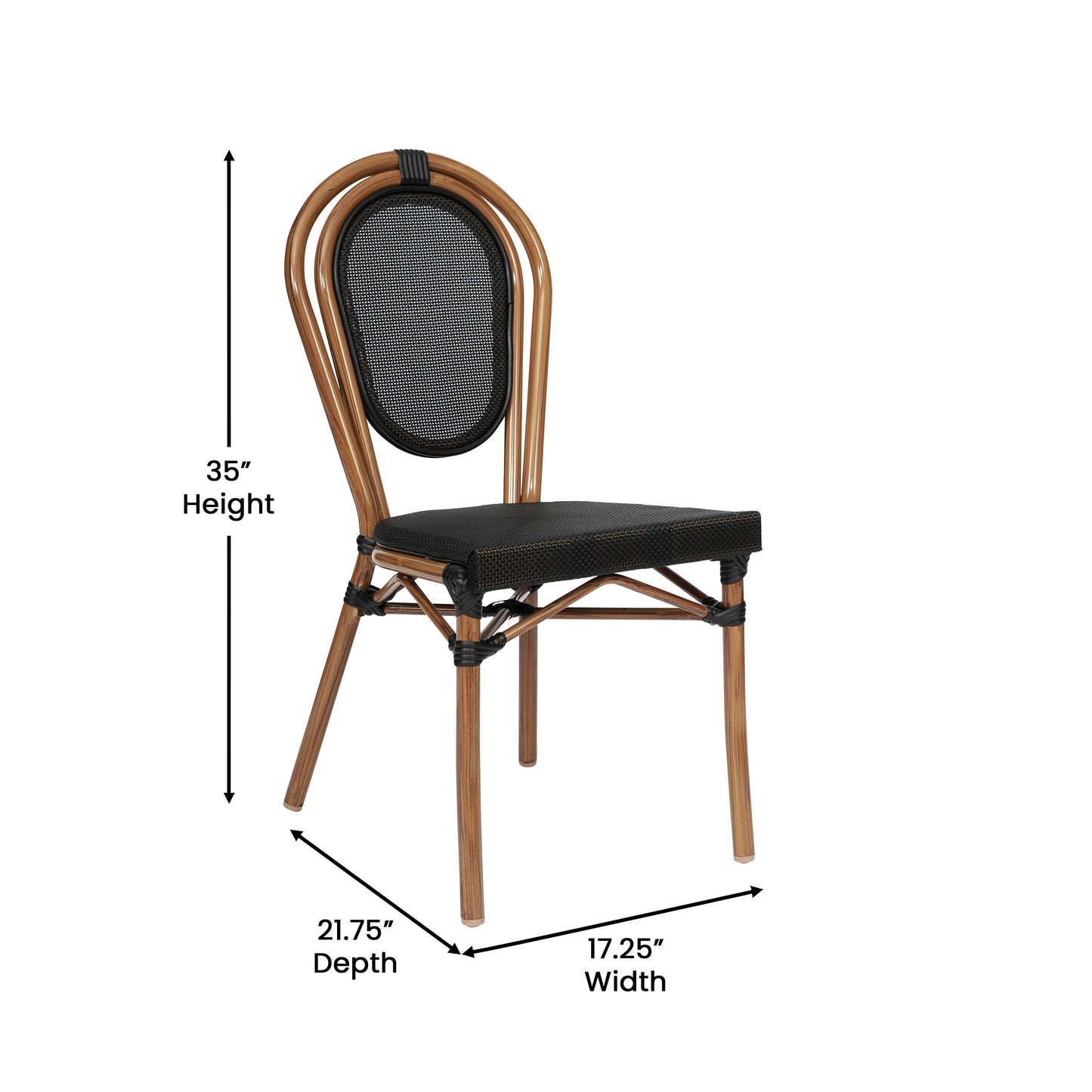 Marseille Indoor/Outdoor Commercial Thonet Bistro Stacking Chair, Black Textilene and Bamboo Print Aluminum Frame in Natural Black/Natural Frame