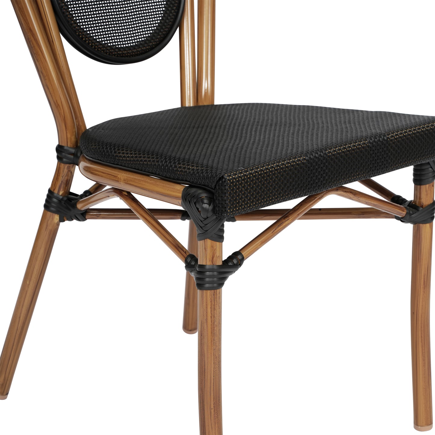 Marseille Indoor/Outdoor Commercial Thonet Bistro Stacking Chair, Black Textilene and Bamboo Print Aluminum Frame in Natural Black/Natural Frame