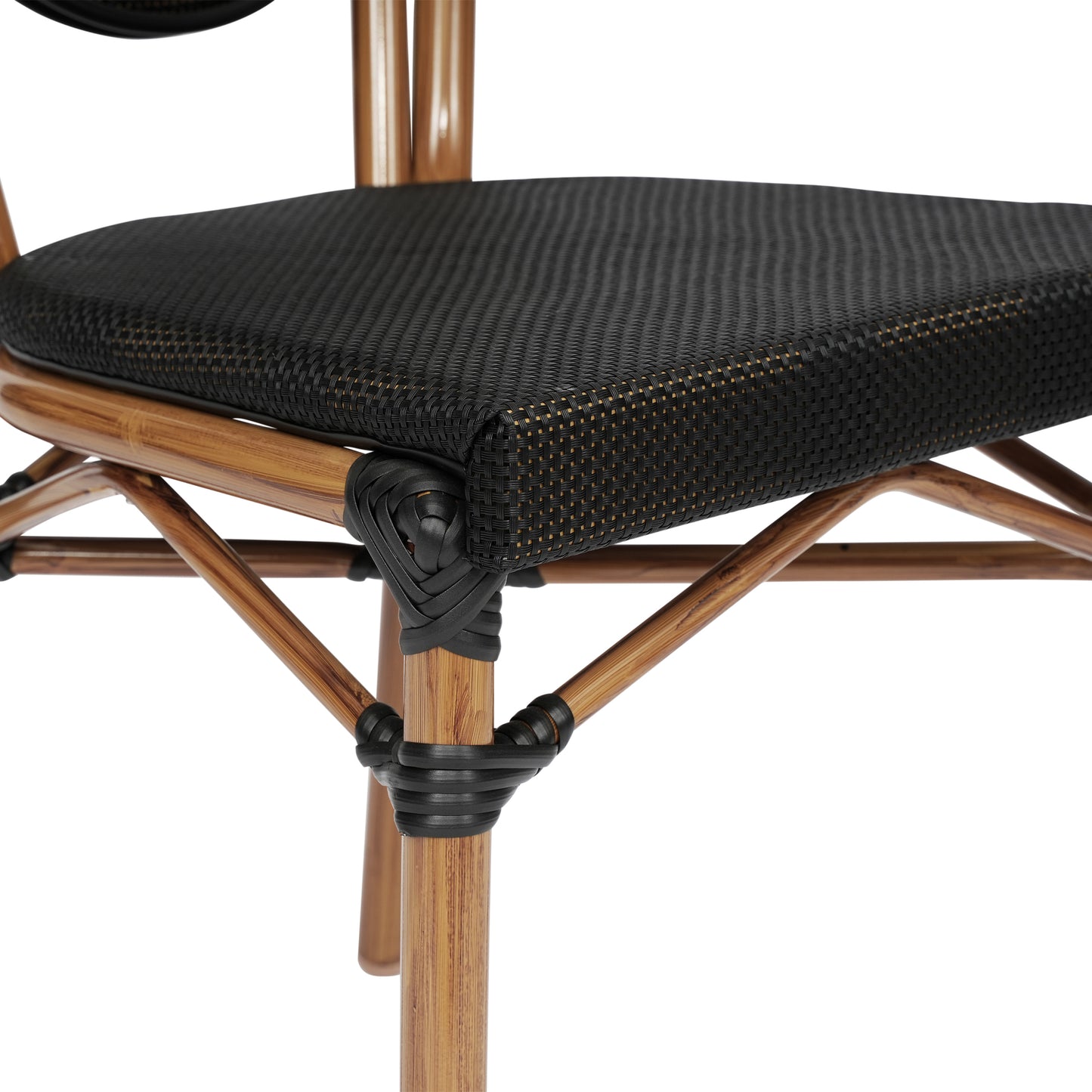 Marseille Indoor/Outdoor Commercial Thonet Bistro Stacking Chair, Black Textilene and Bamboo Print Aluminum Frame in Natural Black/Natural Frame