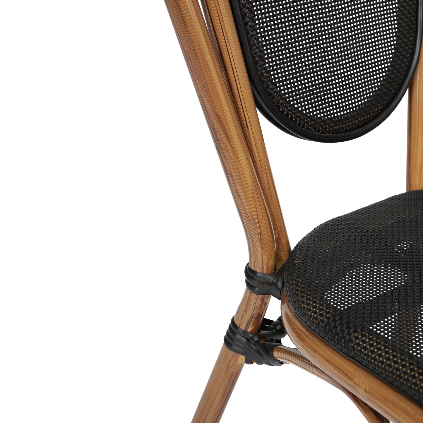 Marseille Indoor/Outdoor Commercial Thonet Bistro Stacking Chair, Black Textilene and Bamboo Print Aluminum Frame in Natural Black/Natural Frame