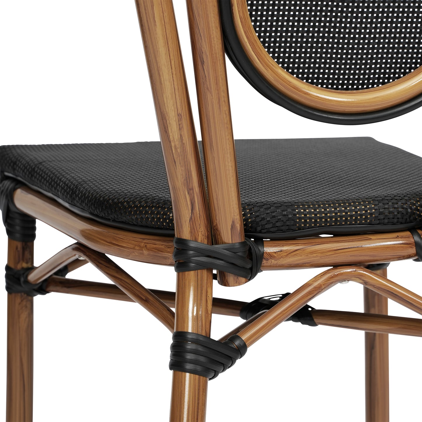 Marseille Indoor/Outdoor Commercial Thonet Bistro Stacking Chair, Black Textilene and Bamboo Print Aluminum Frame in Natural Black/Natural Frame