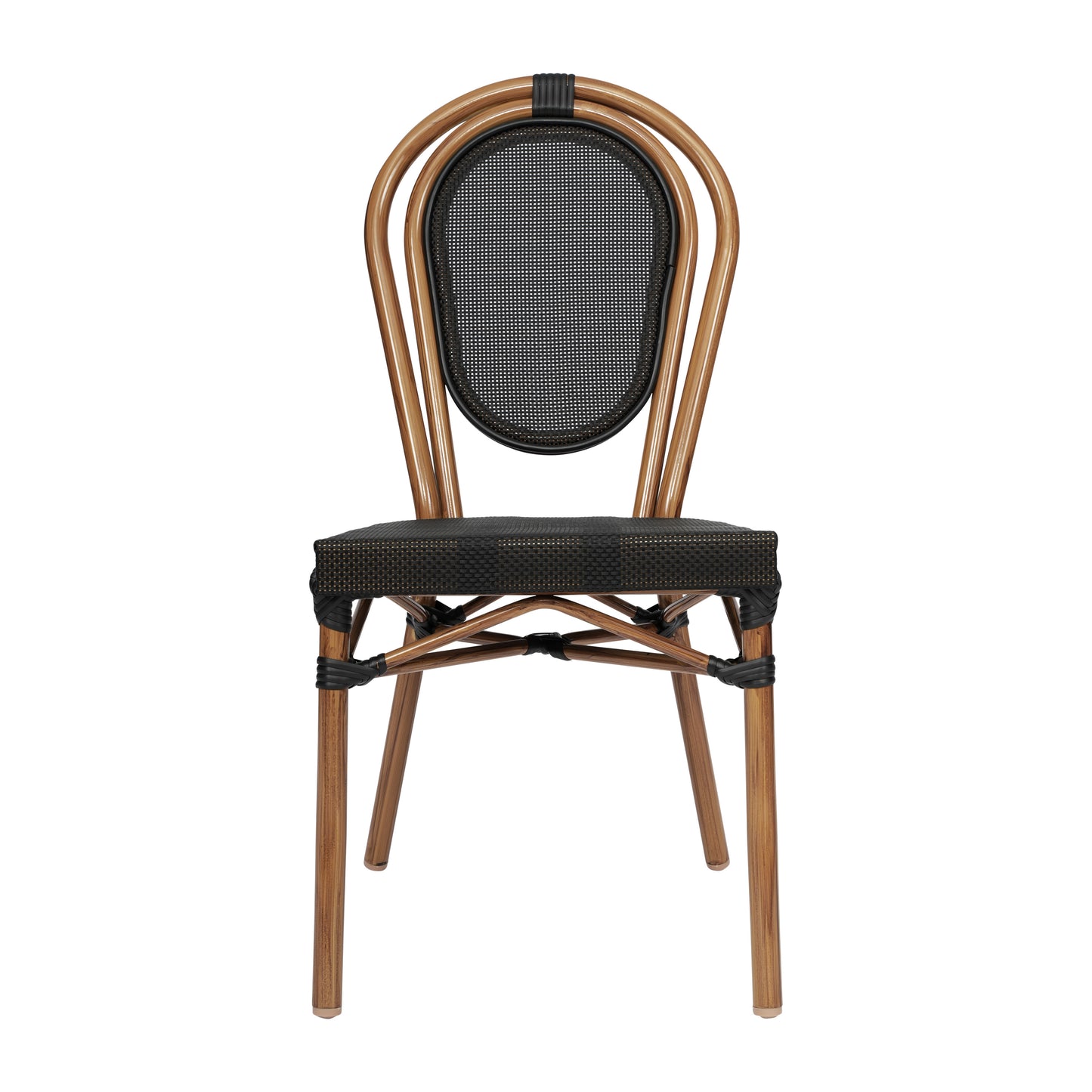 Marseille Indoor/Outdoor Commercial Thonet Bistro Stacking Chair, Black Textilene and Bamboo Print Aluminum Frame in Natural Black/Natural Frame