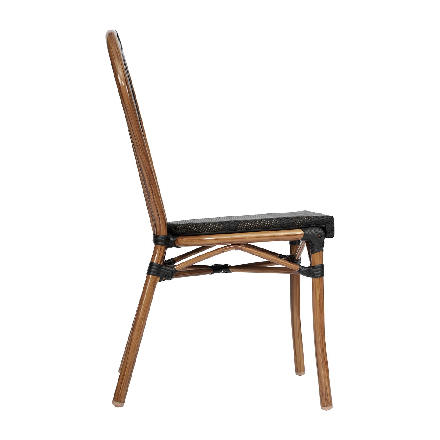 Marseille Indoor/Outdoor Commercial Thonet Bistro Stacking Chair, Black Textilene and Bamboo Print Aluminum Frame in Natural Black/Natural Frame