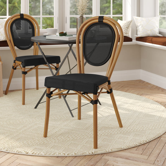 Marseille Indoor/Outdoor Commercial Thonet Bistro Stacking Chair, Black Textilene and Bamboo Print Aluminum Frame in Natural Black/Natural Frame
