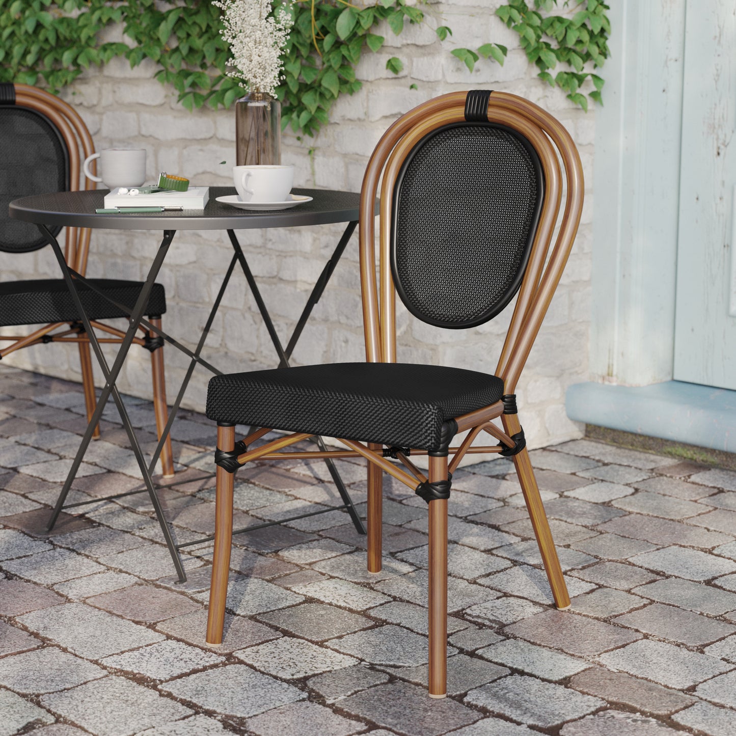 Marseille Indoor/Outdoor Commercial Thonet Bistro Stacking Chair, Black Textilene and Bamboo Print Aluminum Frame in Natural Black/Natural Frame