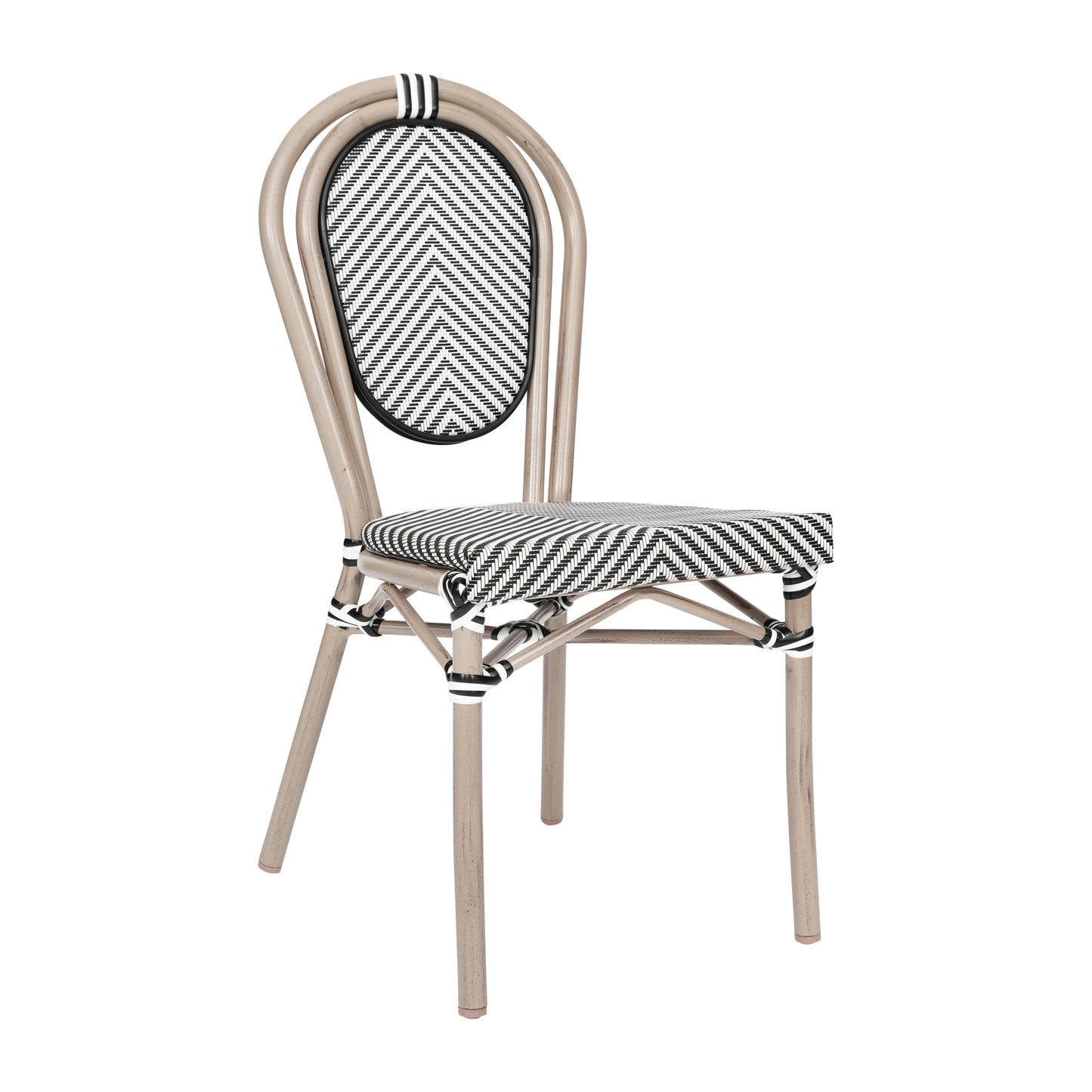 Marseille Indoor/Outdoor Commercial Thonet Bistro Stacking Chair, Black/White Textilene and Bamboo Print Aluminum Frame in LT Natural Black & White/Light Natural Frame