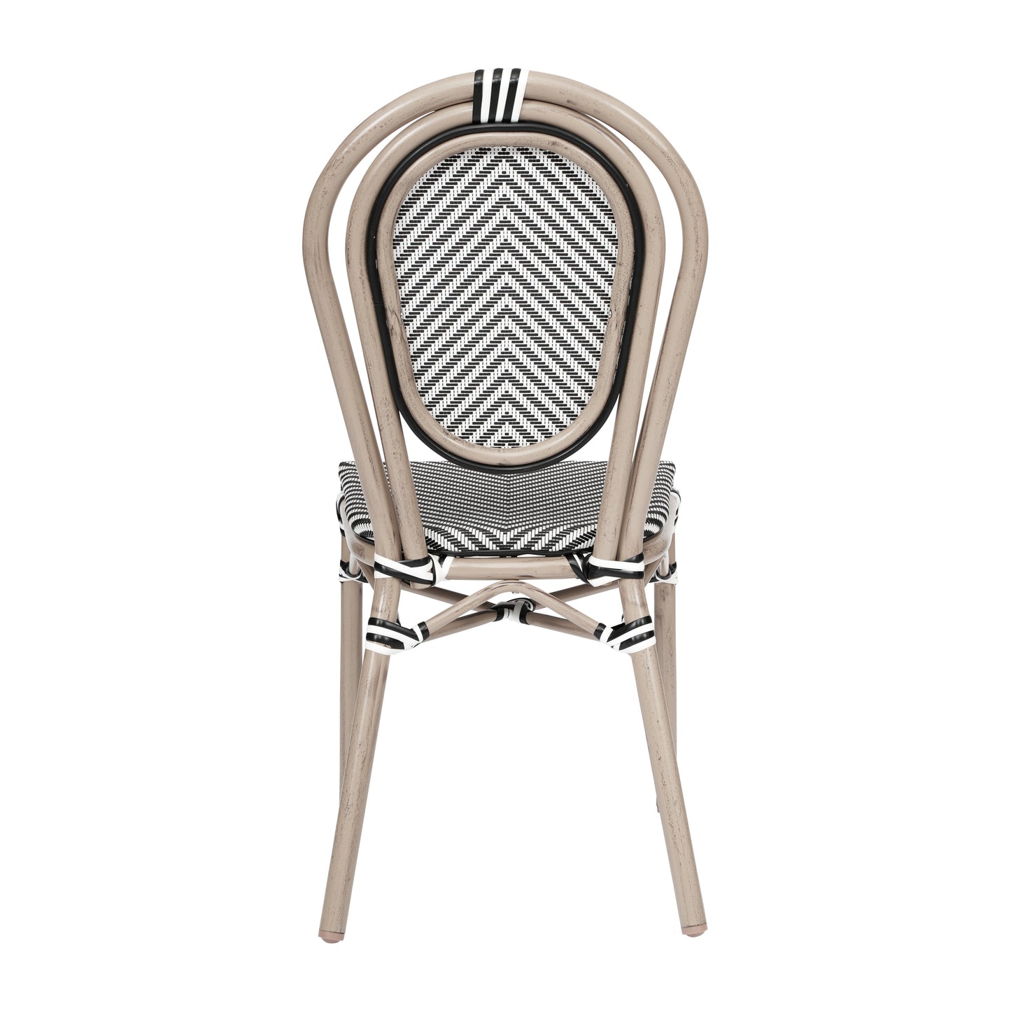 Marseille Indoor/Outdoor Commercial Thonet Bistro Stacking Chair, Black/White Textilene and Bamboo Print Aluminum Frame in LT Natural Black & White/Light Natural Frame