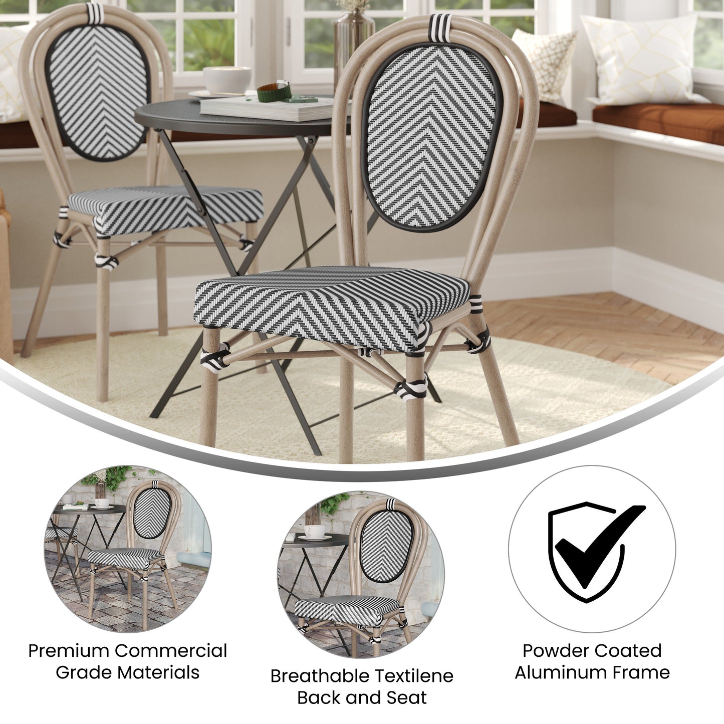 Marseille Indoor/Outdoor Commercial Thonet Bistro Stacking Chair, Black/White Textilene and Bamboo Print Aluminum Frame in LT Natural Black & White/Light Natural Frame