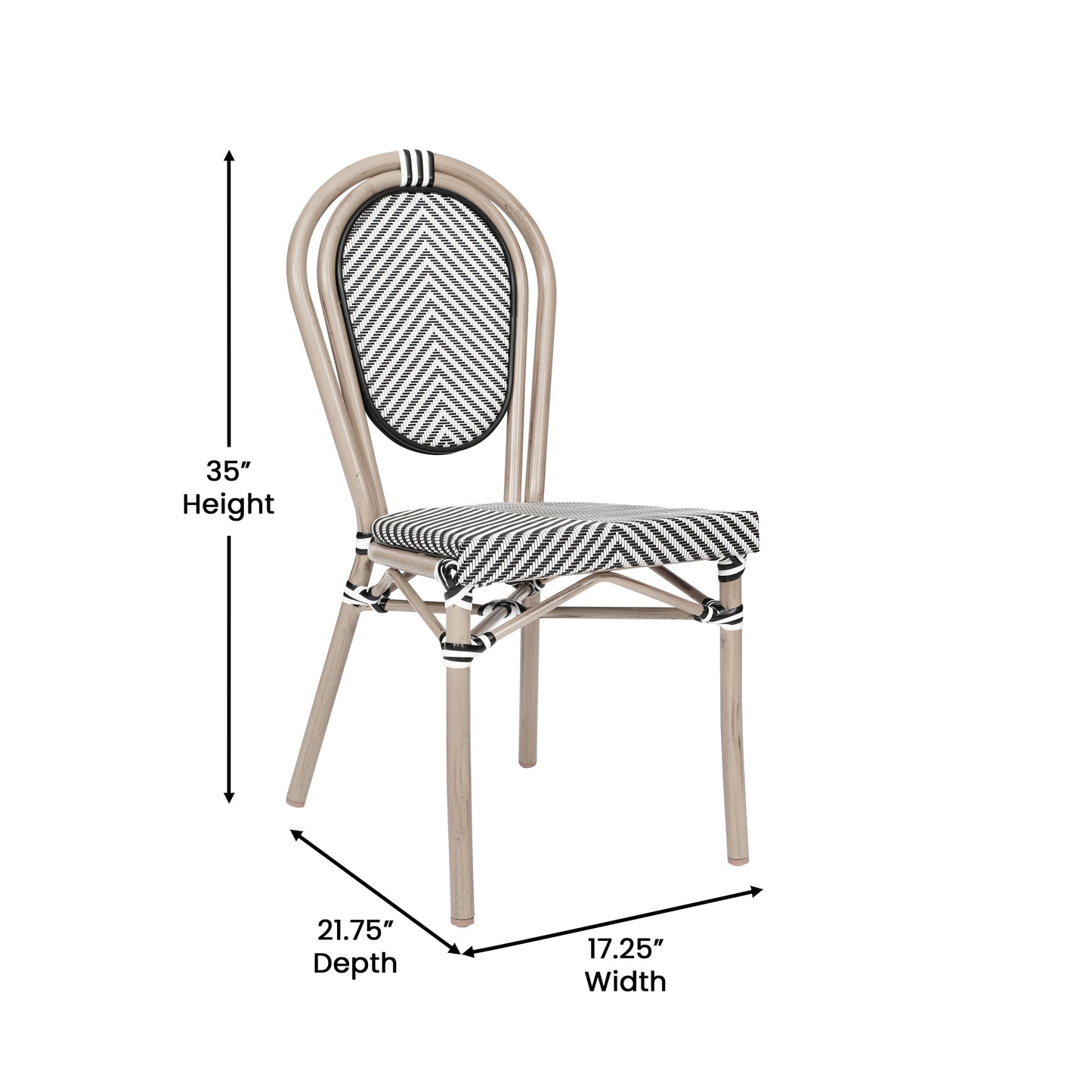 Marseille Indoor/Outdoor Commercial Thonet Bistro Stacking Chair, Black/White Textilene and Bamboo Print Aluminum Frame in LT Natural Black & White/Light Natural Frame