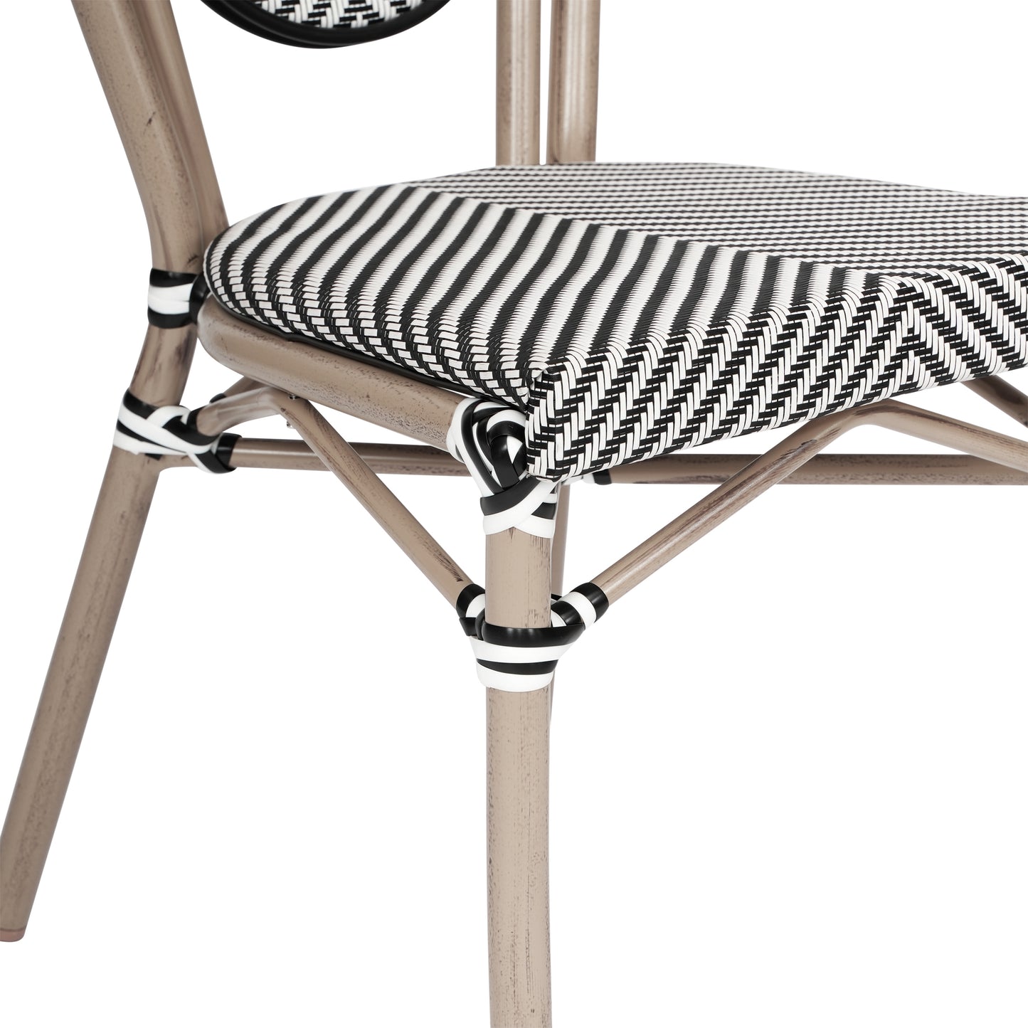 Marseille Indoor/Outdoor Commercial Thonet Bistro Stacking Chair, Black/White Textilene and Bamboo Print Aluminum Frame in LT Natural Black & White/Light Natural Frame