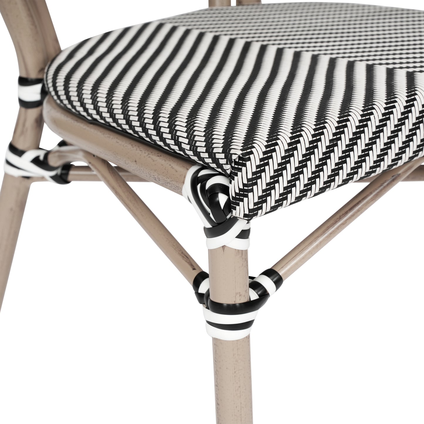 Marseille Indoor/Outdoor Commercial Thonet Bistro Stacking Chair, Black/White Textilene and Bamboo Print Aluminum Frame in LT Natural Black & White/Light Natural Frame