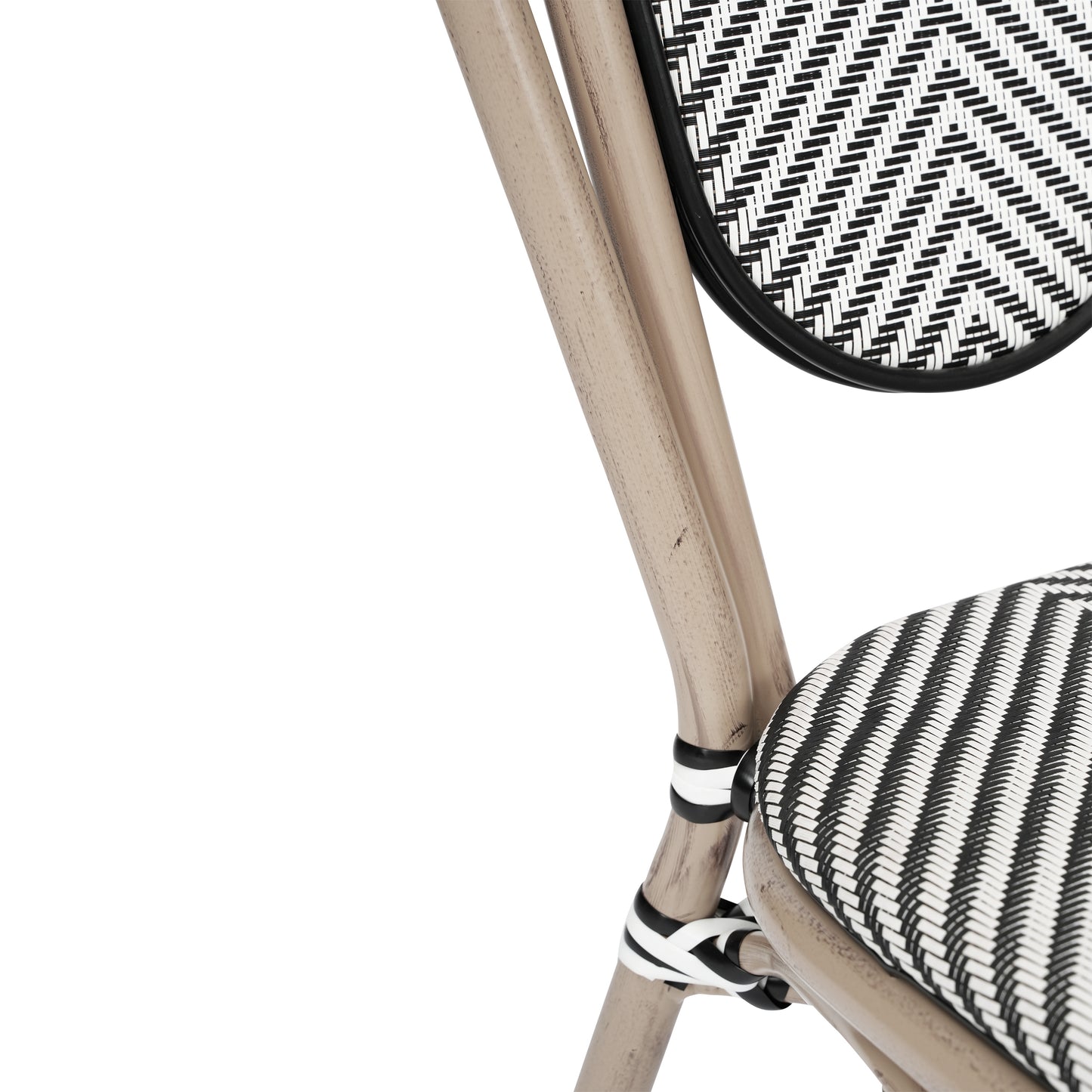 Marseille Indoor/Outdoor Commercial Thonet Bistro Stacking Chair, Black/White Textilene and Bamboo Print Aluminum Frame in LT Natural Black & White/Light Natural Frame