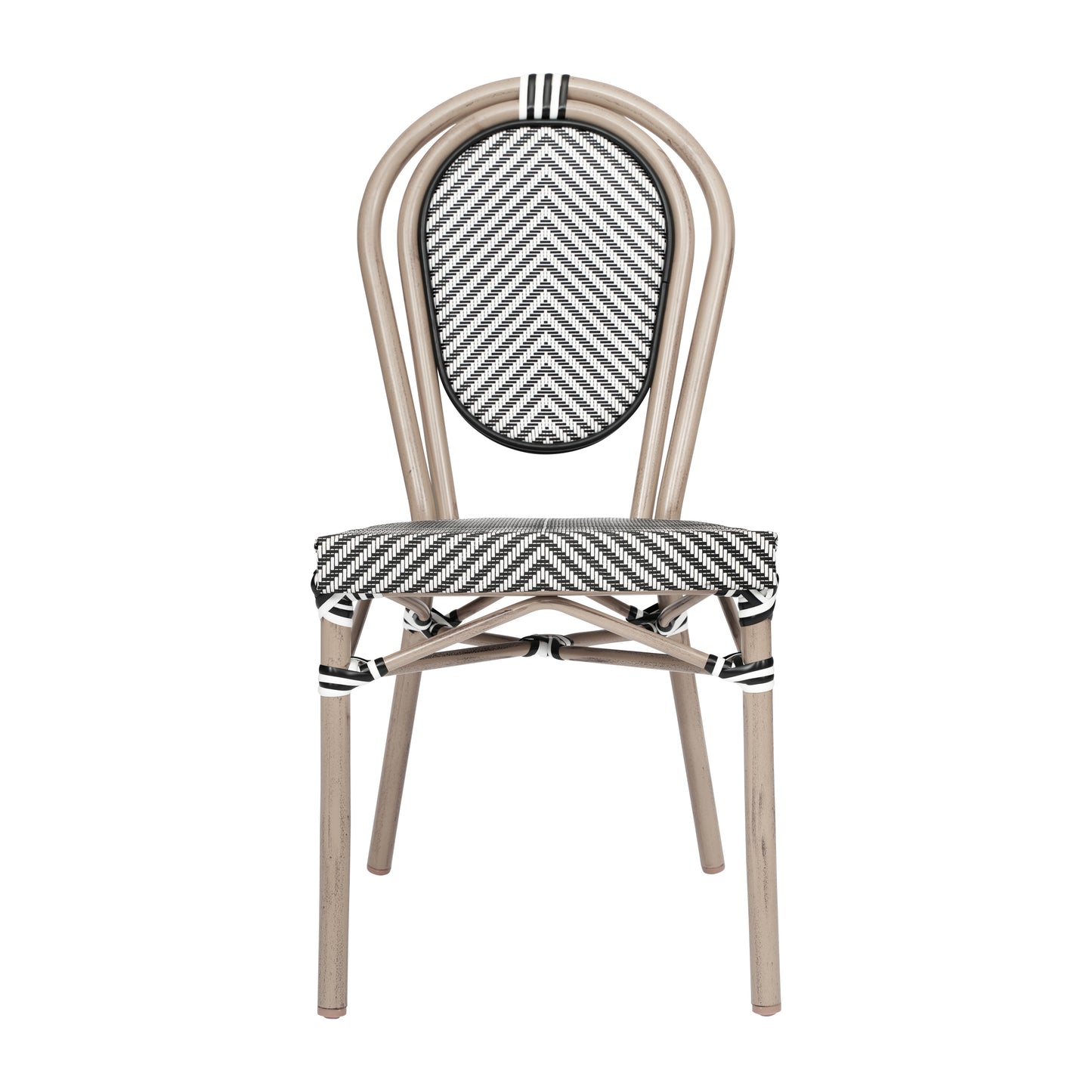 Marseille Indoor/Outdoor Commercial Thonet Bistro Stacking Chair, Black/White Textilene and Bamboo Print Aluminum Frame in LT Natural Black & White/Light Natural Frame