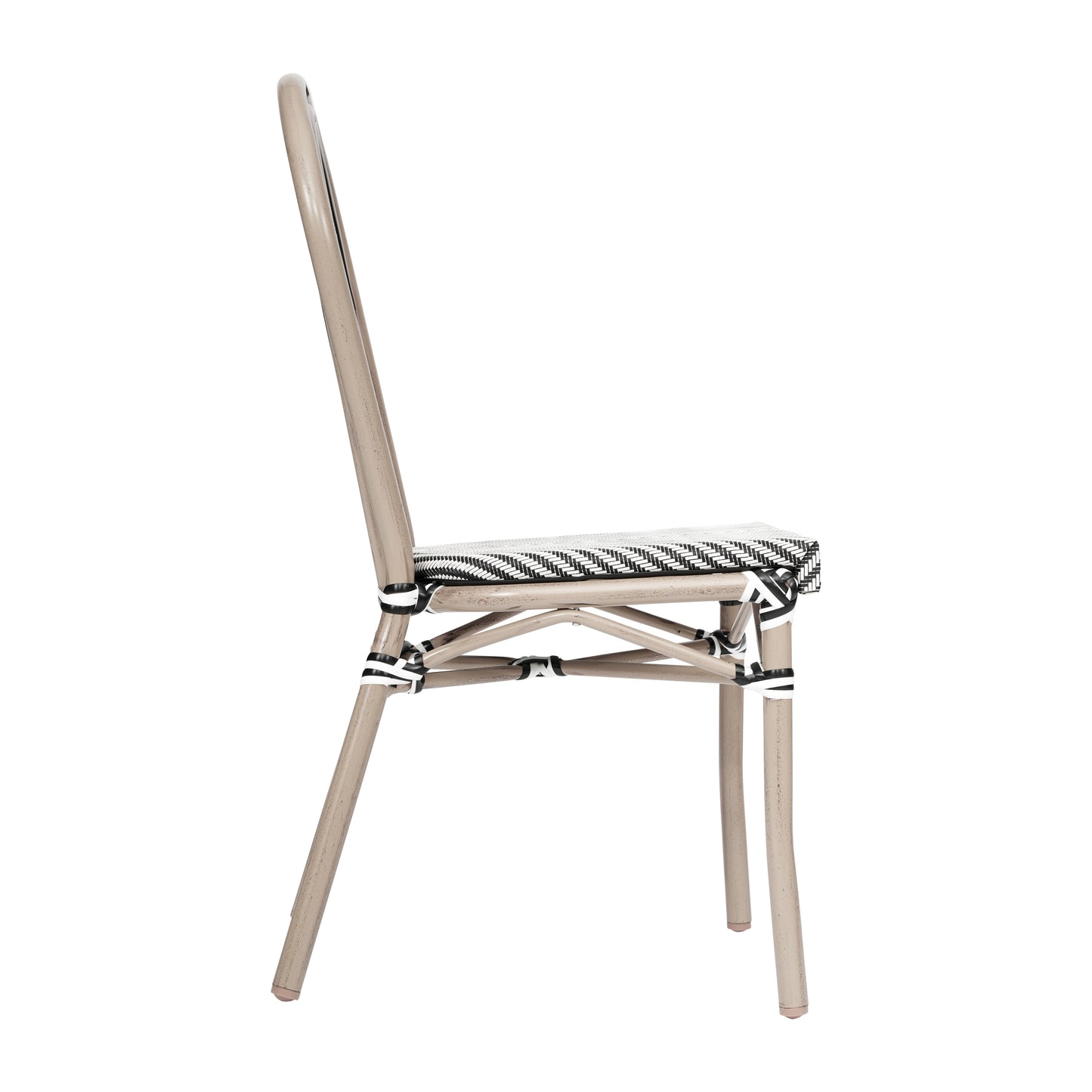 Marseille Indoor/Outdoor Commercial Thonet Bistro Stacking Chair, Black/White Textilene and Bamboo Print Aluminum Frame in LT Natural Black & White/Light Natural Frame