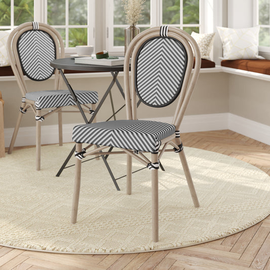 Marseille Indoor/Outdoor Commercial Thonet Bistro Stacking Chair, Black/White Textilene and Bamboo Print Aluminum Frame in LT Natural Black & White/Light Natural Frame