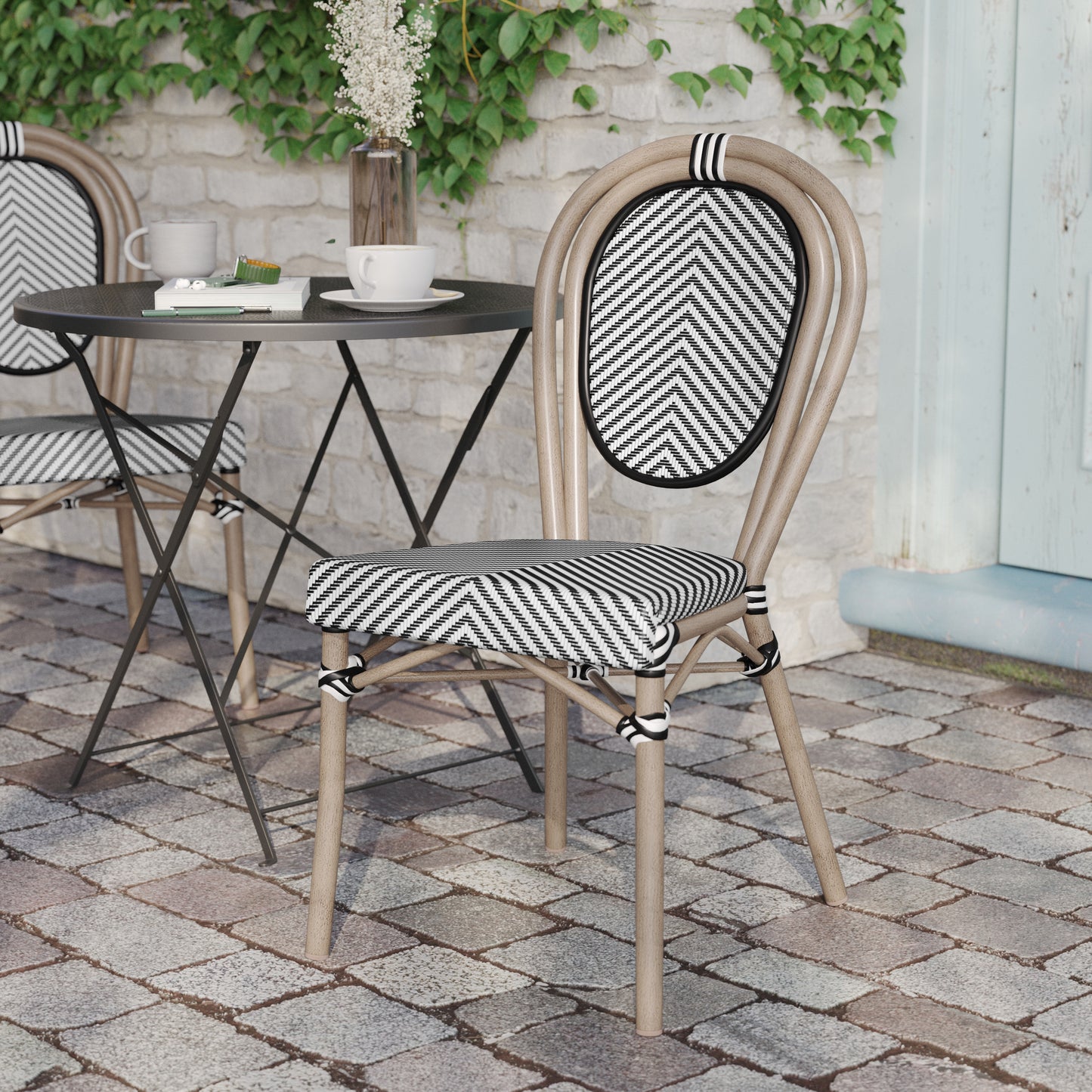 Marseille Indoor/Outdoor Commercial Thonet Bistro Stacking Chair, Black/White Textilene and Bamboo Print Aluminum Frame in LT Natural Black & White/Light Natural Frame