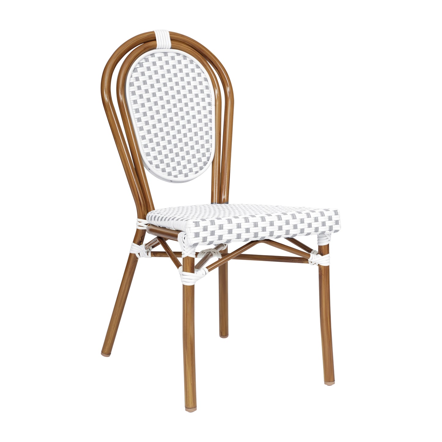 Lourdes Indoor/Outdoor Commercial Thonet Bistro Stacking Chair, White and Gray PE Rattan and Bamboo Print Aluminum Frame in Natural White & Gray/Natural Frame