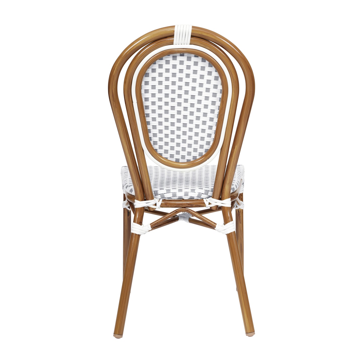 Lourdes Indoor/Outdoor Commercial Thonet Bistro Stacking Chair, White and Gray PE Rattan and Bamboo Print Aluminum Frame in Natural White & Gray/Natural Frame