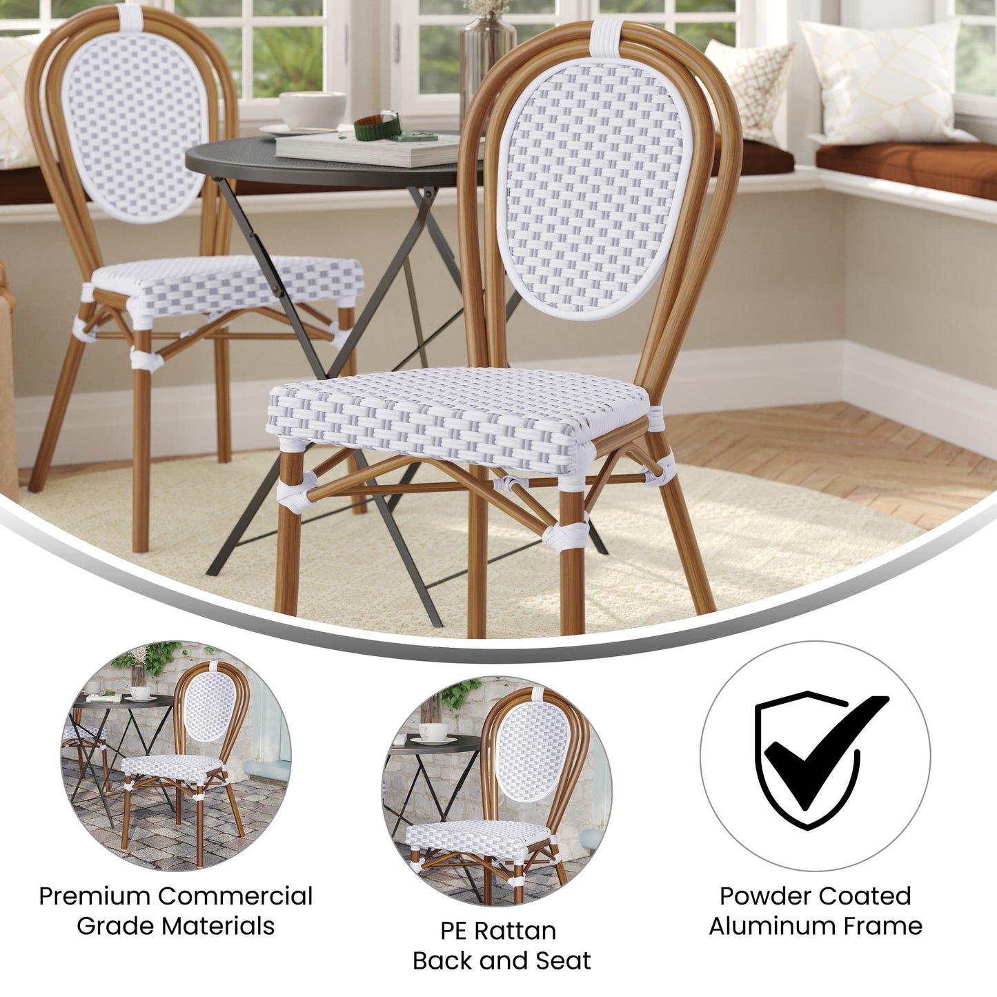 Lourdes Indoor/Outdoor Commercial Thonet Bistro Stacking Chair, White and Gray PE Rattan and Bamboo Print Aluminum Frame in Natural White & Gray/Natural Frame