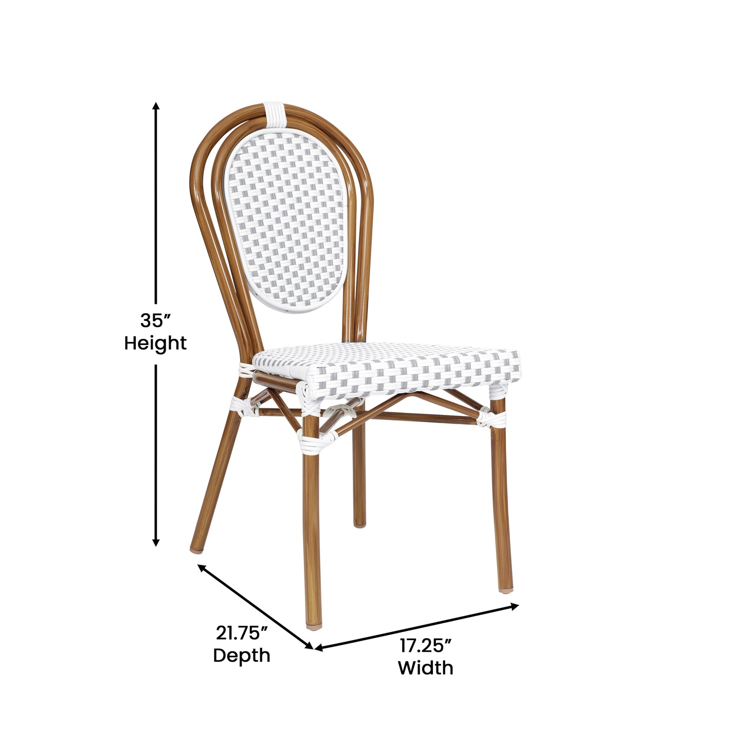 Lourdes Indoor/Outdoor Commercial Thonet Bistro Stacking Chair, White and Gray PE Rattan and Bamboo Print Aluminum Frame in Natural White & Gray/Natural Frame