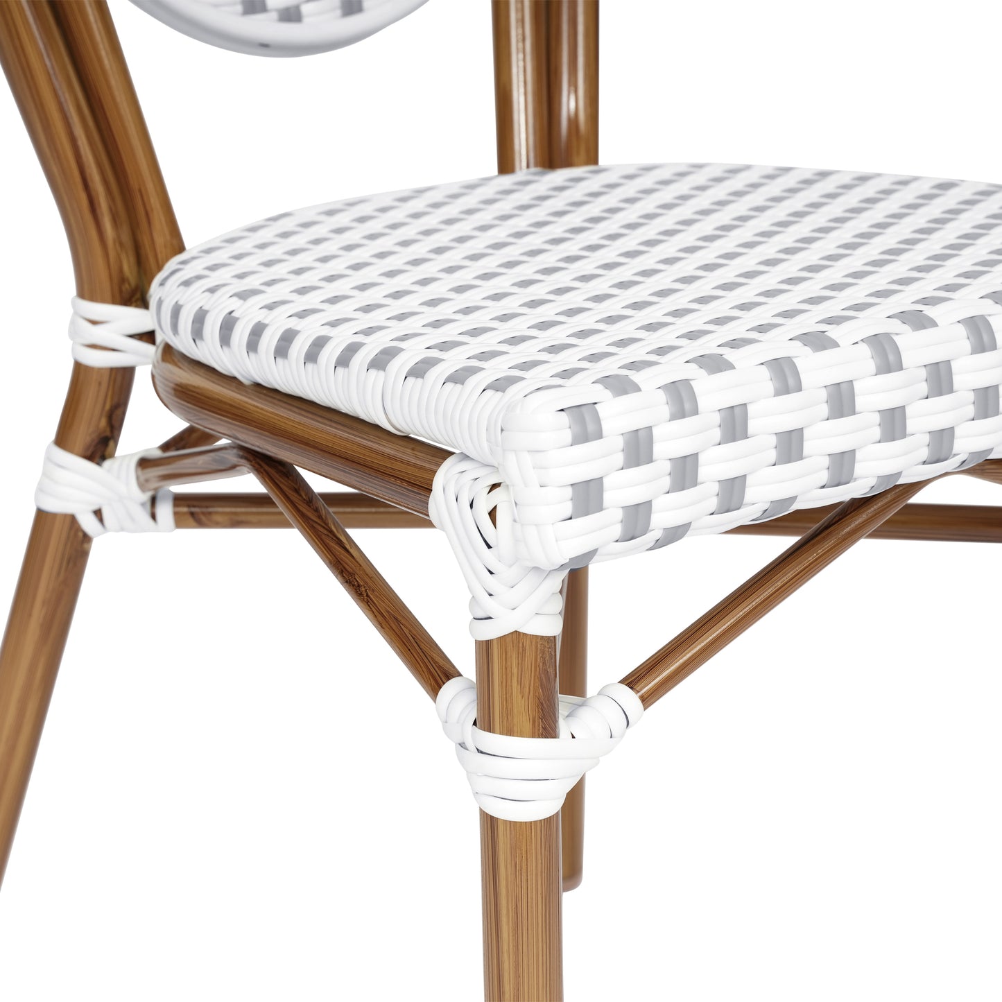 Lourdes Indoor/Outdoor Commercial Thonet Bistro Stacking Chair, White and Gray PE Rattan and Bamboo Print Aluminum Frame in Natural White & Gray/Natural Frame