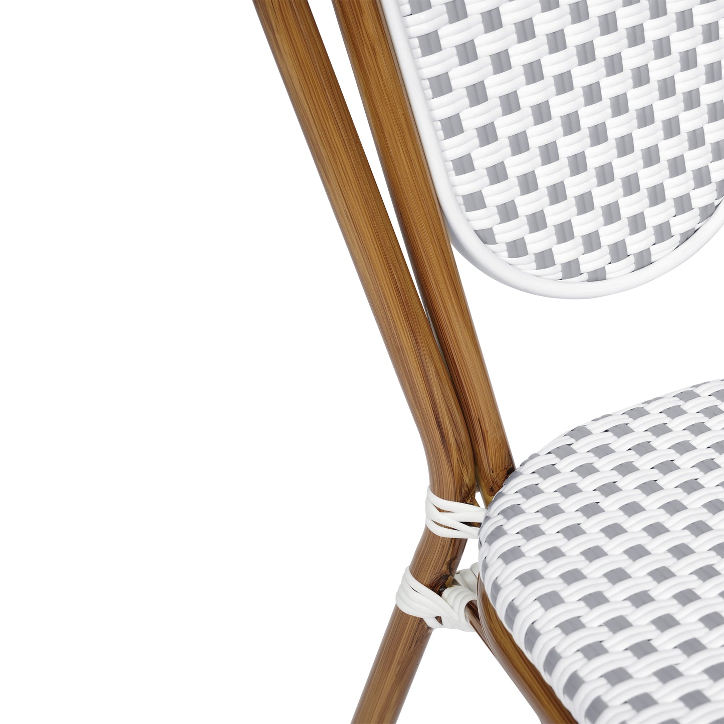 Lourdes Indoor/Outdoor Commercial Thonet Bistro Stacking Chair, White and Gray PE Rattan and Bamboo Print Aluminum Frame in Natural White & Gray/Natural Frame