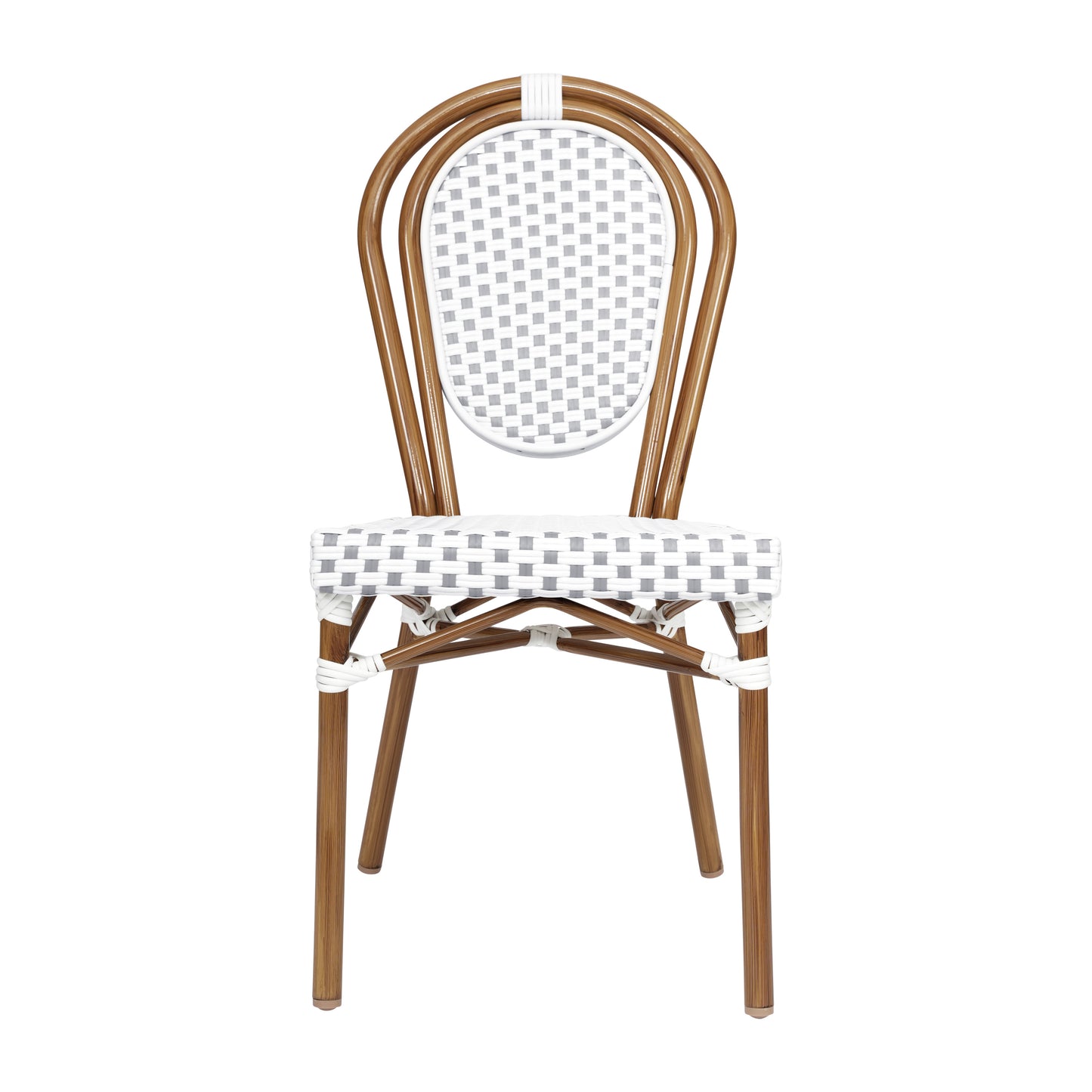 Lourdes Indoor/Outdoor Commercial Thonet Bistro Stacking Chair, White and Gray PE Rattan and Bamboo Print Aluminum Frame in Natural White & Gray/Natural Frame