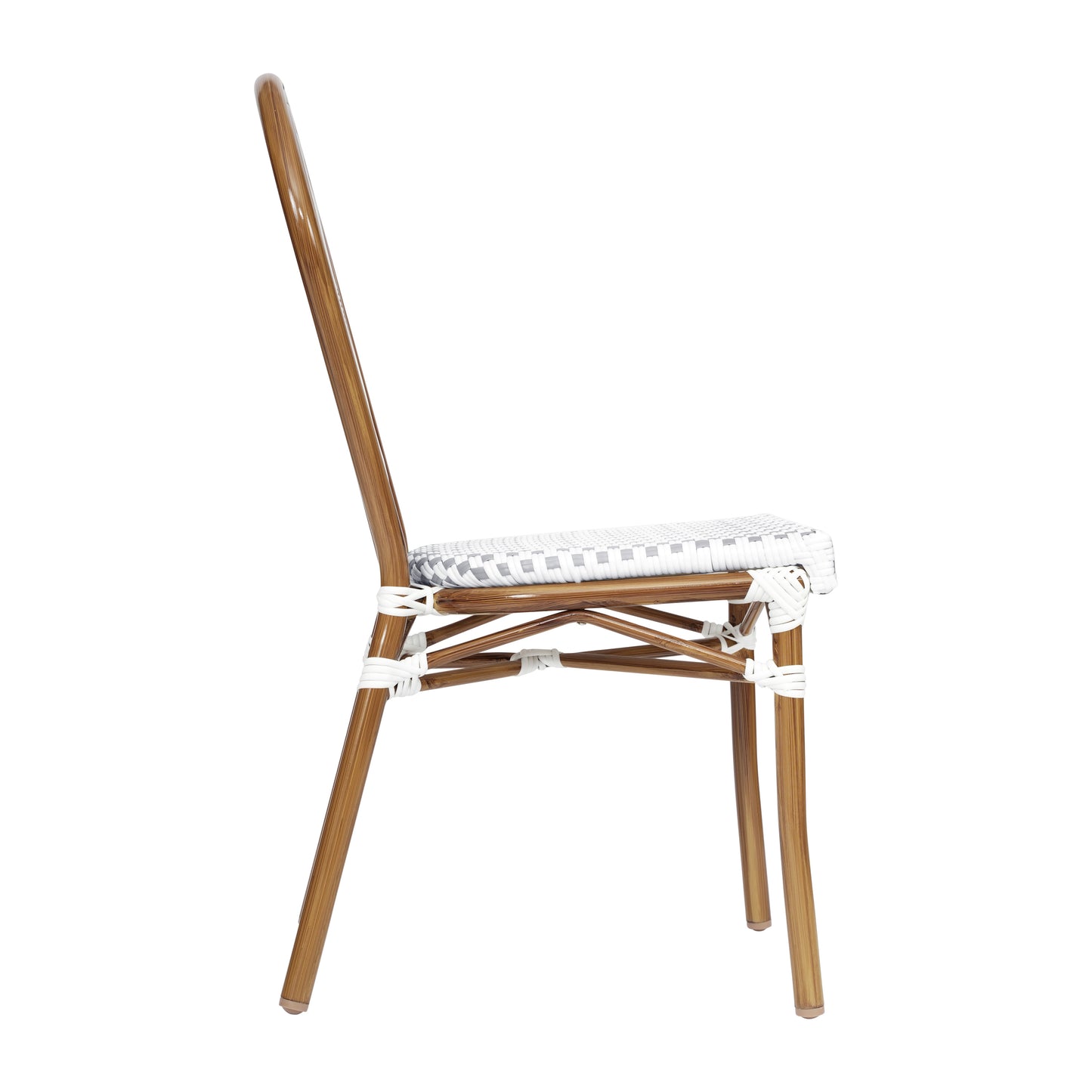 Lourdes Indoor/Outdoor Commercial Thonet Bistro Stacking Chair, White and Gray PE Rattan and Bamboo Print Aluminum Frame in Natural White & Gray/Natural Frame