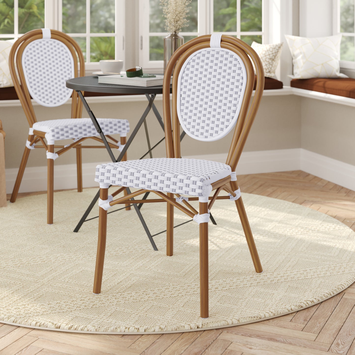 Lourdes Indoor/Outdoor Commercial Thonet Bistro Stacking Chair, White and Gray PE Rattan and Bamboo Print Aluminum Frame in Natural White & Gray/Natural Frame