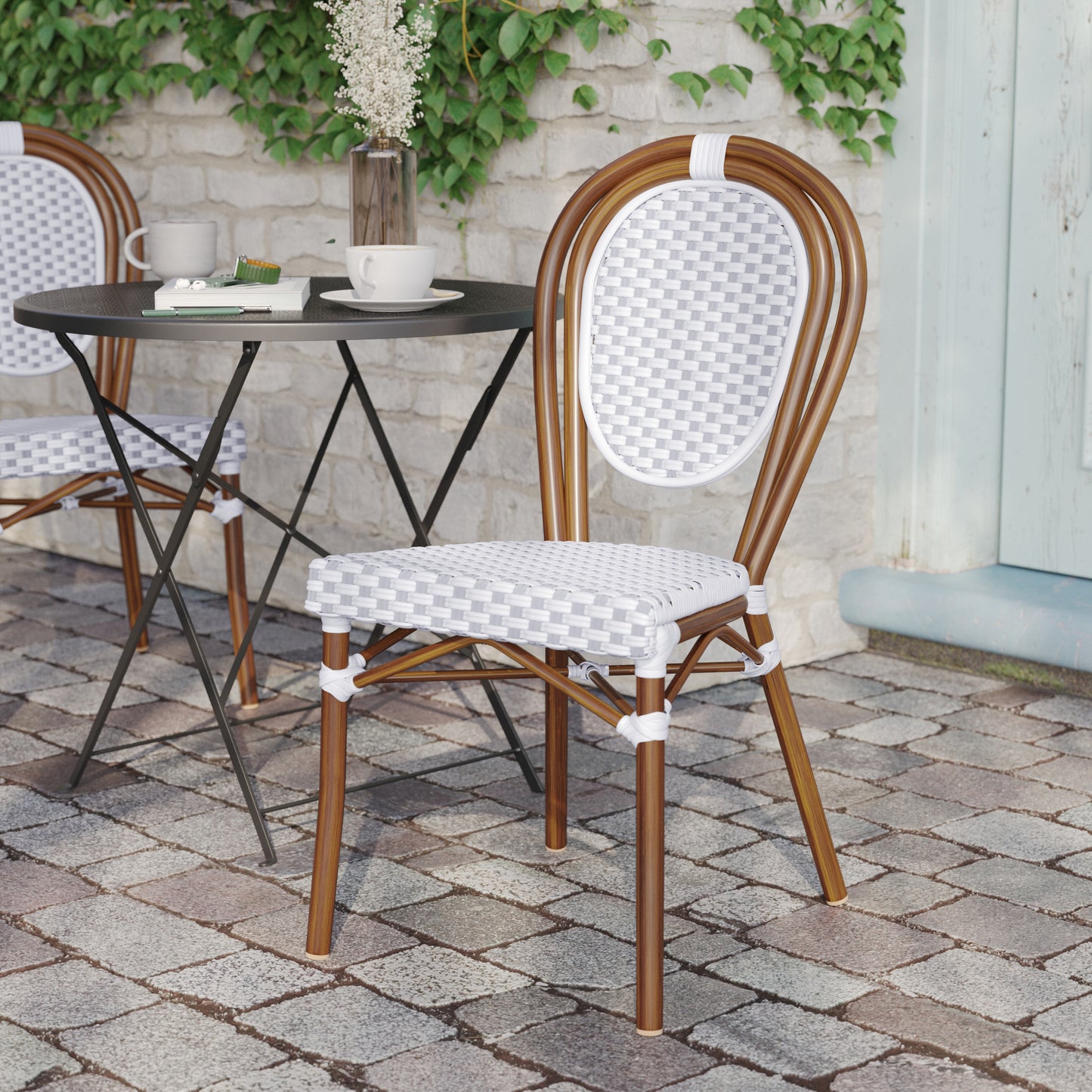 Lourdes Indoor/Outdoor Commercial Thonet Bistro Stacking Chair, White and Gray PE Rattan and Bamboo Print Aluminum Frame in Natural White & Gray/Natural Frame