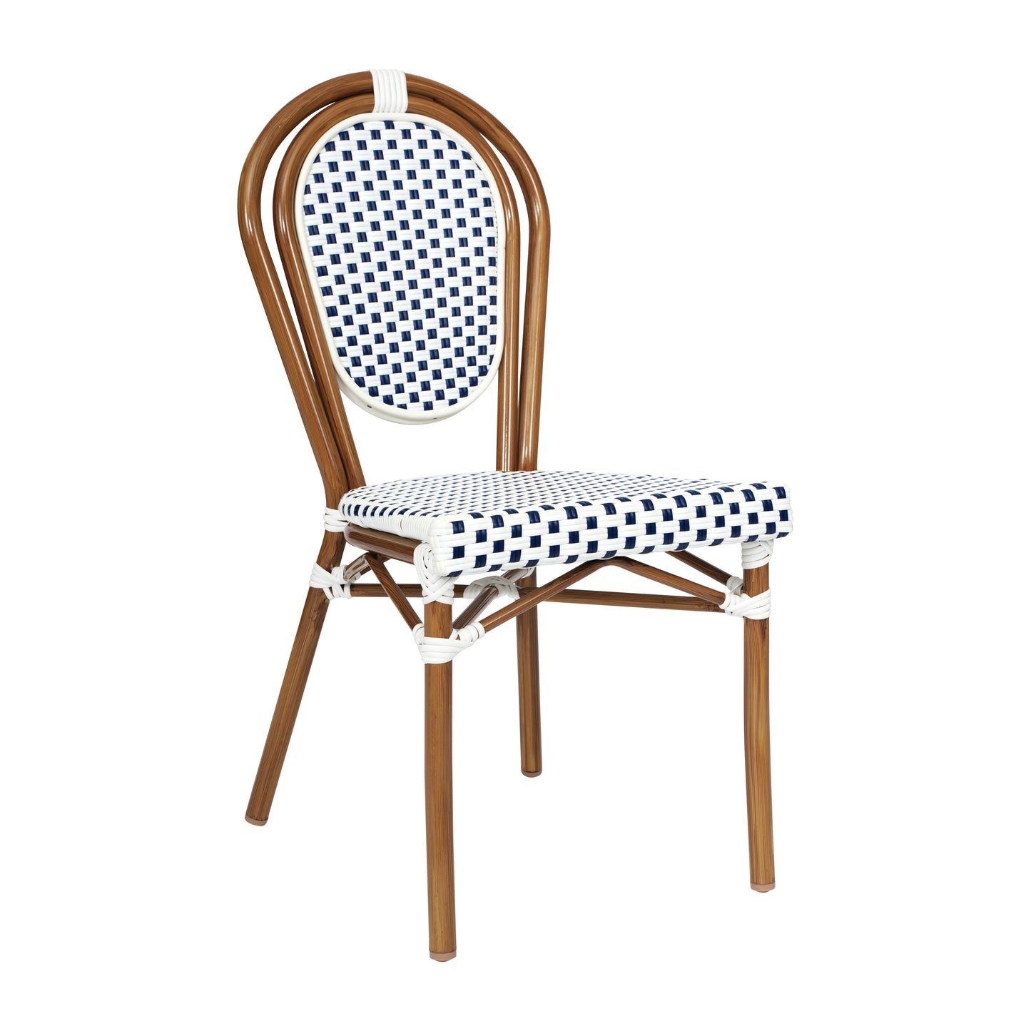 Lourdes Indoor/Outdoor Commercial Thonet Bistro Stacking Chair, White and Navy PE Rattan and Bamboo Print Aluminum Frame in Natural White & Navy/Natural Frame