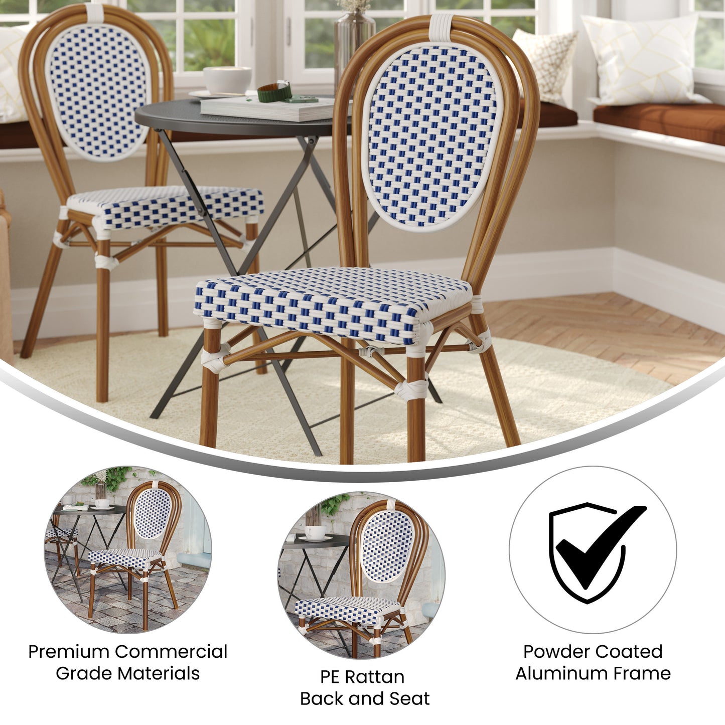 Lourdes Indoor/Outdoor Commercial Thonet Bistro Stacking Chair, White and Navy PE Rattan and Bamboo Print Aluminum Frame in Natural White & Navy/Natural Frame