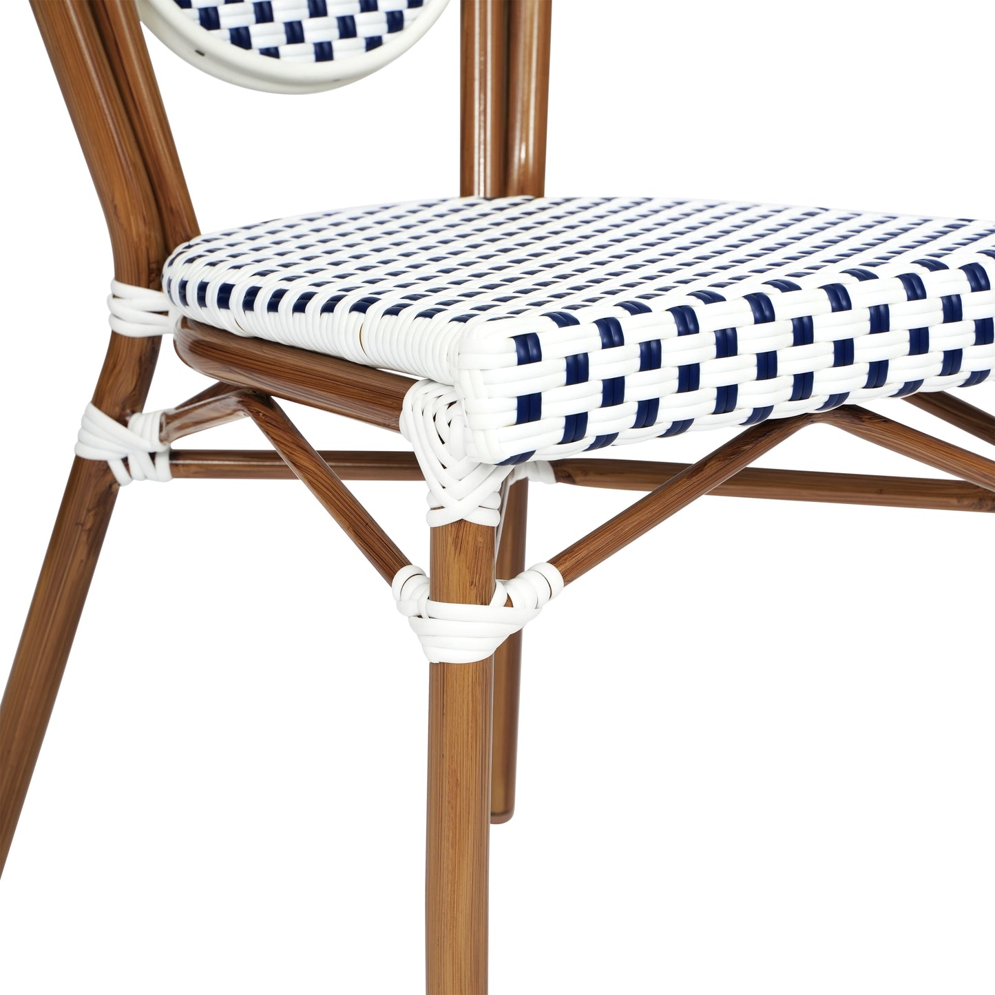 Lourdes Indoor/Outdoor Commercial Thonet Bistro Stacking Chair, White and Navy PE Rattan and Bamboo Print Aluminum Frame in Natural White & Navy/Natural Frame