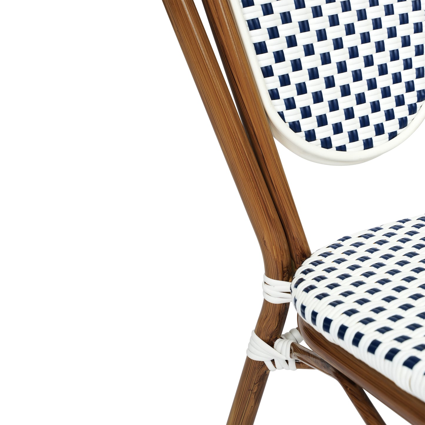Lourdes Indoor/Outdoor Commercial Thonet Bistro Stacking Chair, White and Navy PE Rattan and Bamboo Print Aluminum Frame in Natural White & Navy/Natural Frame
