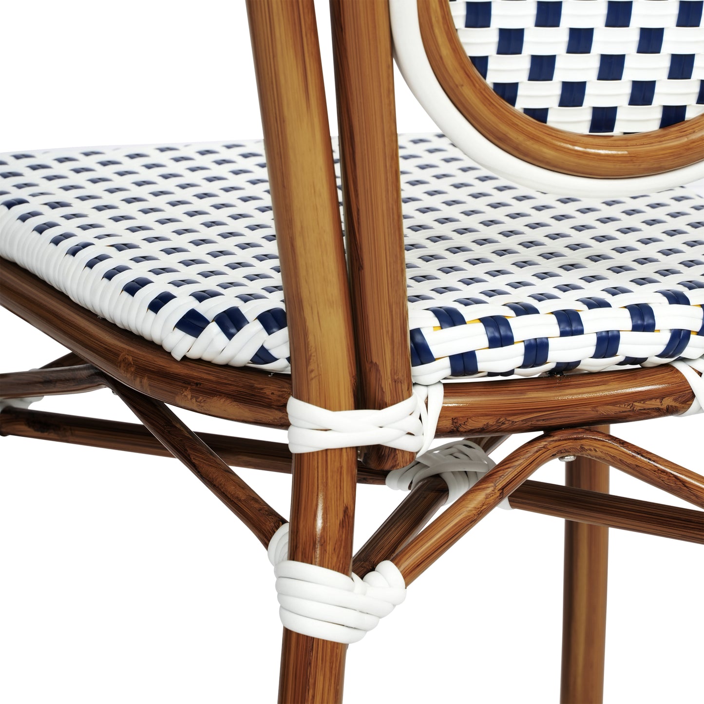 Lourdes Indoor/Outdoor Commercial Thonet Bistro Stacking Chair, White and Navy PE Rattan and Bamboo Print Aluminum Frame in Natural White & Navy/Natural Frame