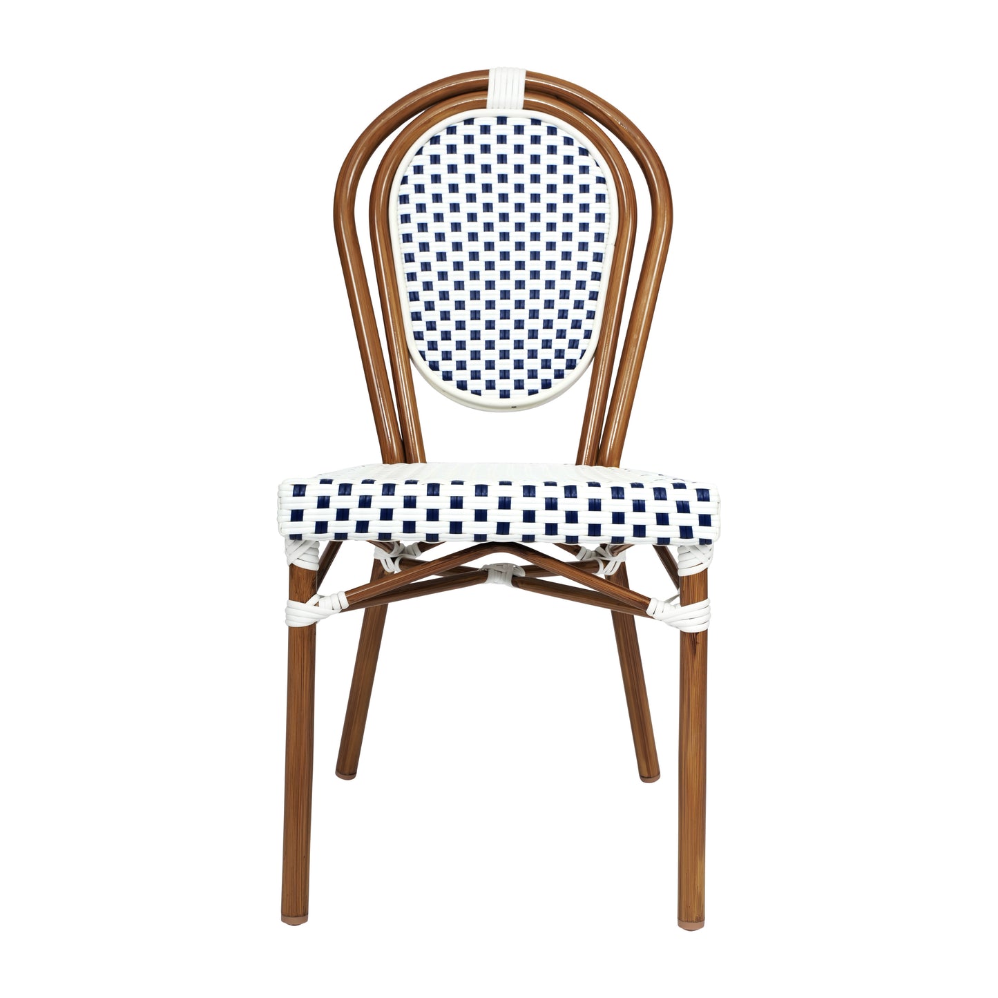 Lourdes Indoor/Outdoor Commercial Thonet Bistro Stacking Chair, White and Navy PE Rattan and Bamboo Print Aluminum Frame in Natural White & Navy/Natural Frame