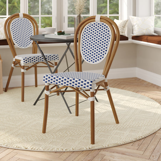 Lourdes Indoor/Outdoor Commercial Thonet Bistro Stacking Chair, White and Navy PE Rattan and Bamboo Print Aluminum Frame in Natural White & Navy/Natural Frame