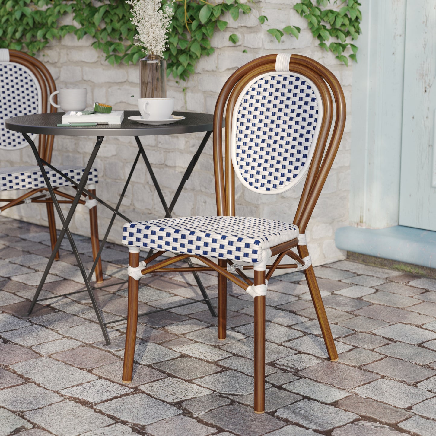 Lourdes Indoor/Outdoor Commercial Thonet Bistro Stacking Chair, White and Navy PE Rattan and Bamboo Print Aluminum Frame in Natural White & Navy/Natural Frame