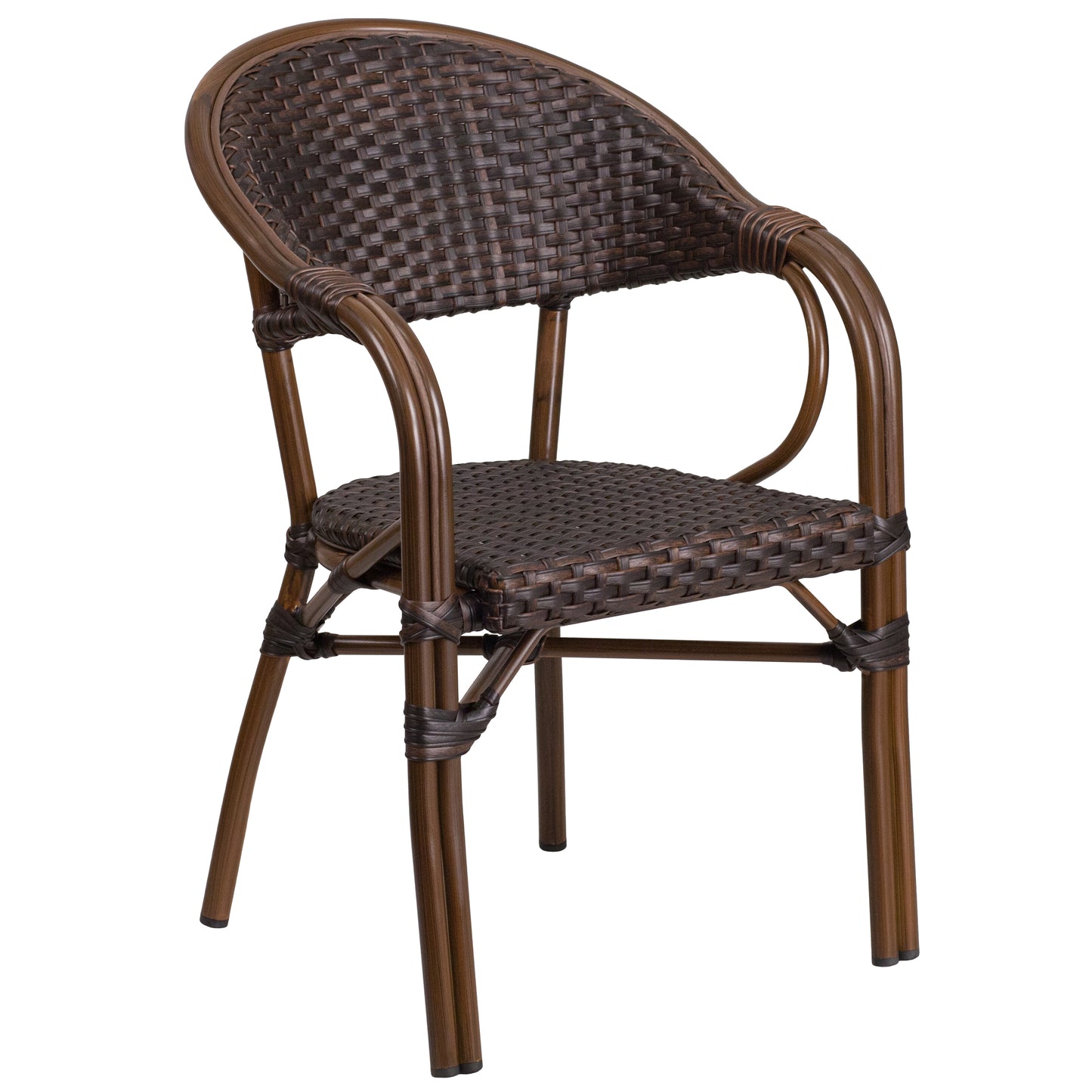 Milano Series Dark Brown Rattan Restaurant Patio Chair with Red Bamboo-Aluminum Frame Dark Brown Rattan/Red Bamboo-Aluminum Frame