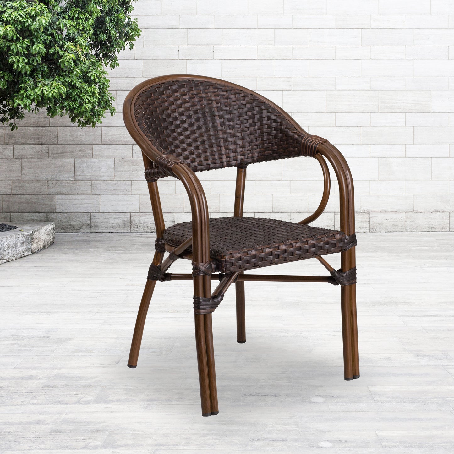 Milano Series Dark Brown Rattan Restaurant Patio Chair with Red Bamboo-Aluminum Frame Dark Brown Rattan/Red Bamboo-Aluminum Frame