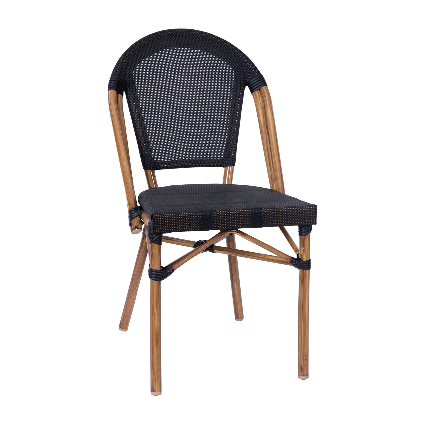 Marseille Indoor/Outdoor Commercial Bistro Stacking Chair, Black Textilene Back and Seat, Bamboo Print Aluminum Frame in Natural Black/Natural Frame