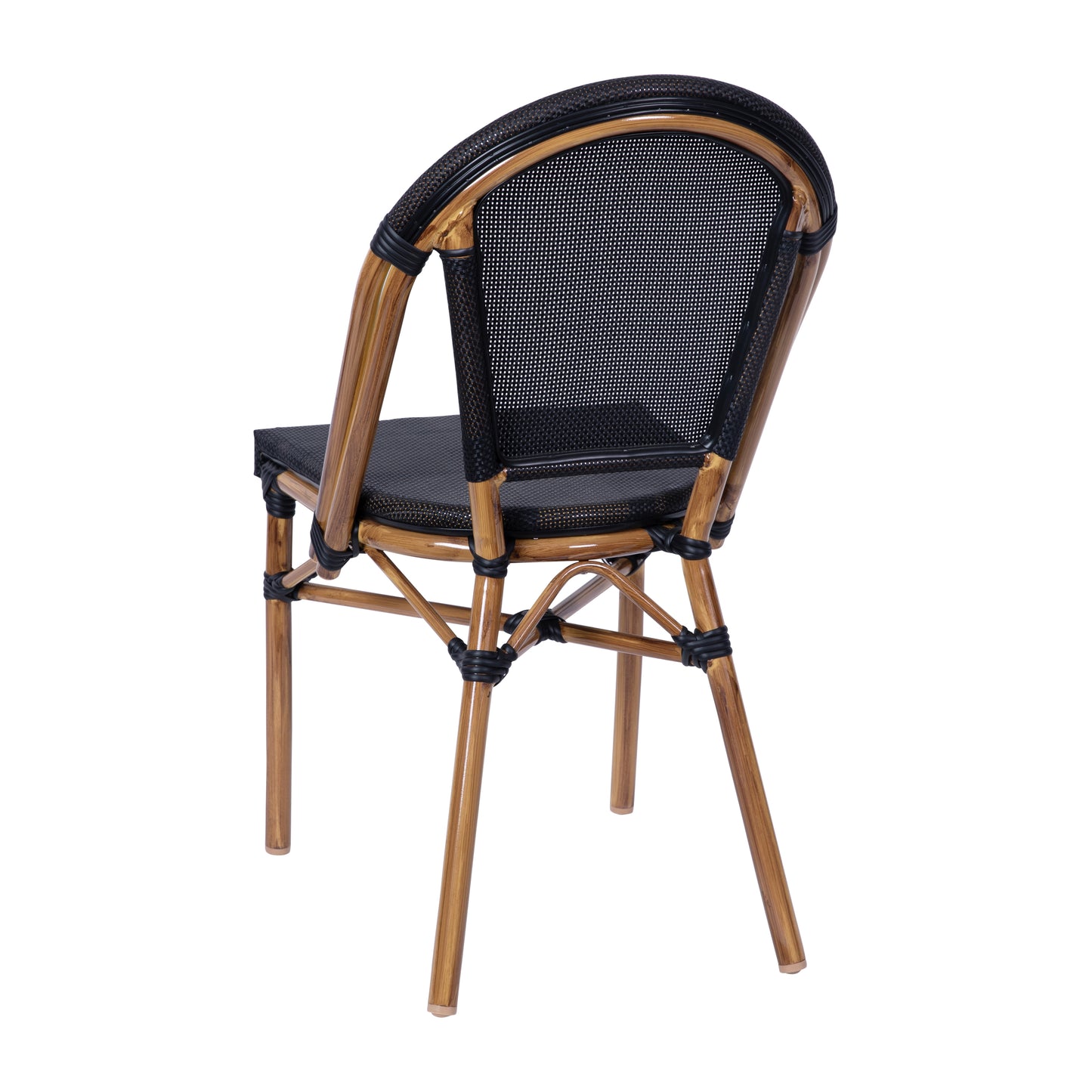 Marseille Indoor/Outdoor Commercial Bistro Stacking Chair, Black Textilene Back and Seat, Bamboo Print Aluminum Frame in Natural Black/Natural Frame