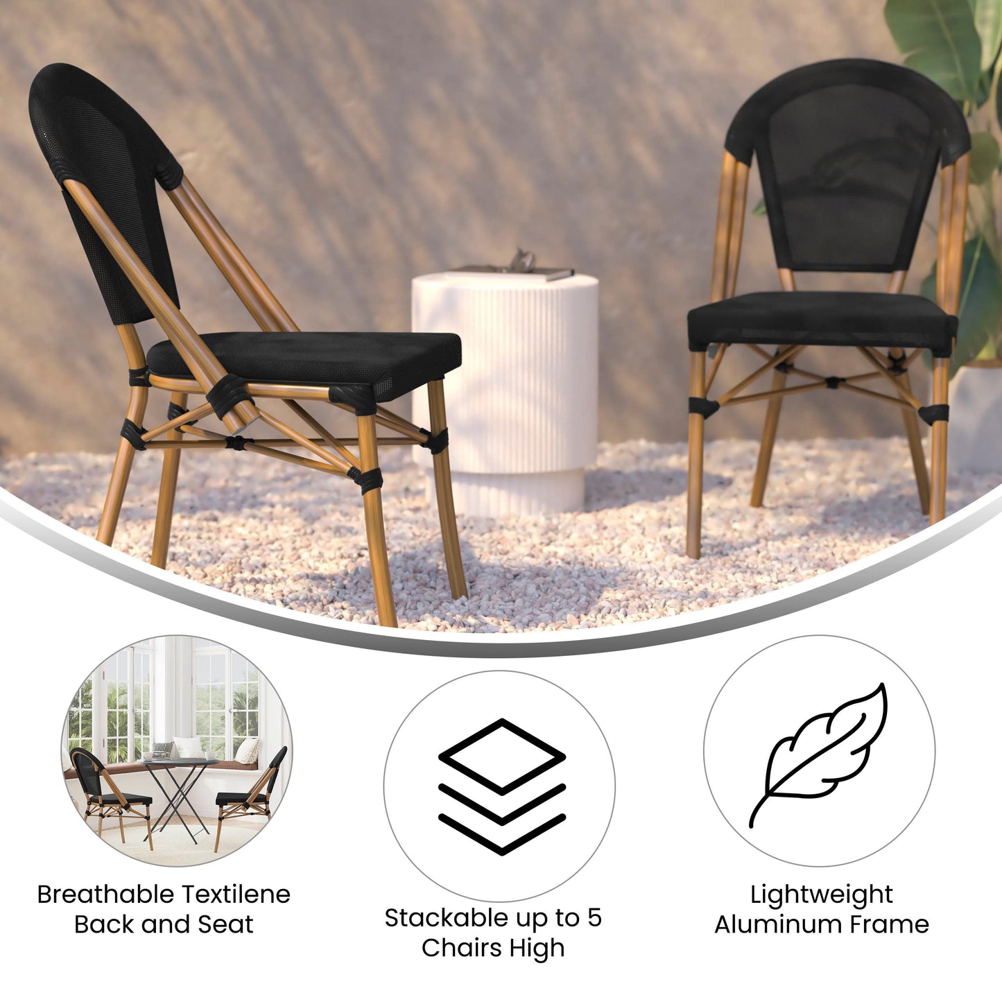 Marseille Indoor/Outdoor Commercial Bistro Stacking Chair, Black Textilene Back and Seat, Bamboo Print Aluminum Frame in Natural Black/Natural Frame