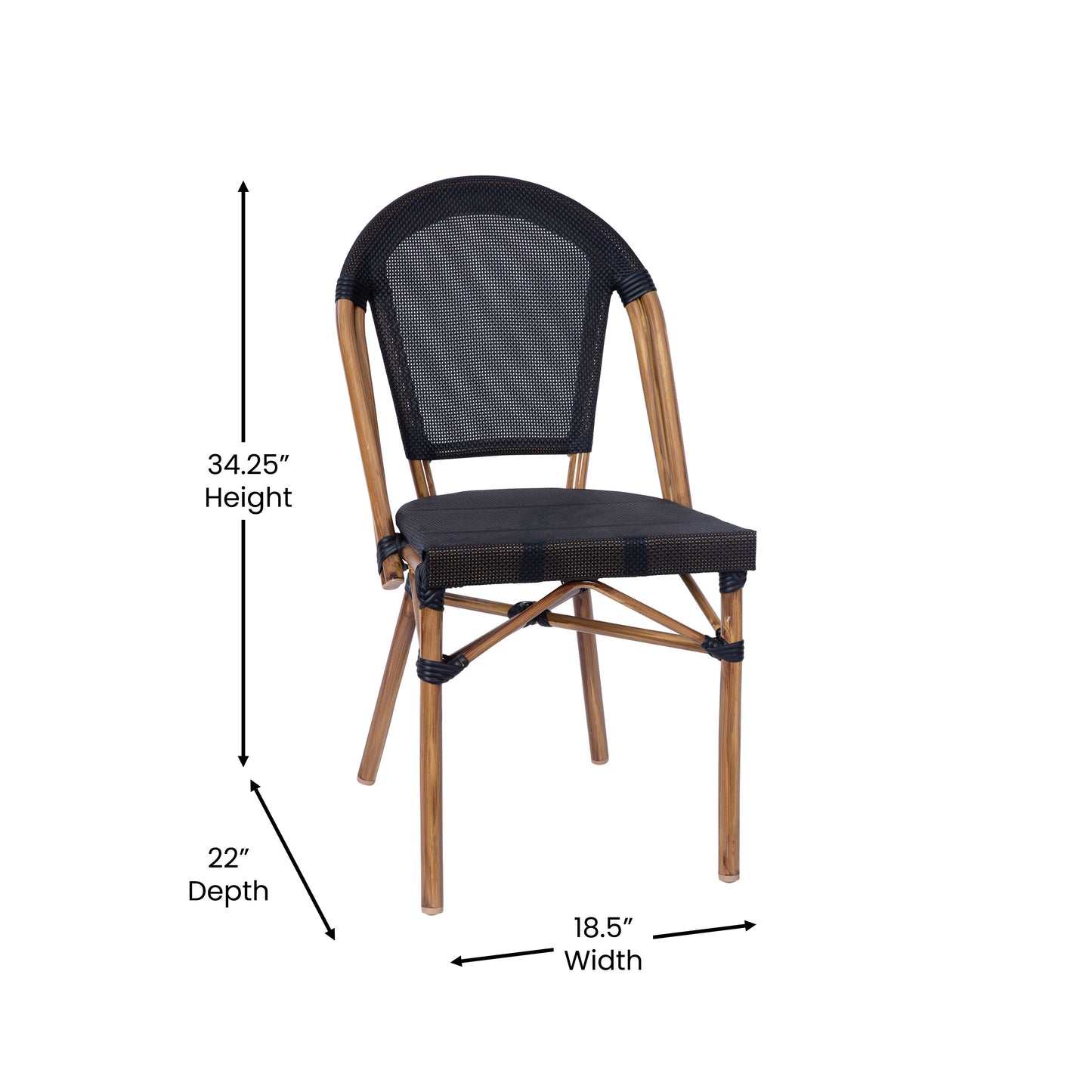 Marseille Indoor/Outdoor Commercial Bistro Stacking Chair, Black Textilene Back and Seat, Bamboo Print Aluminum Frame in Natural Black/Natural Frame