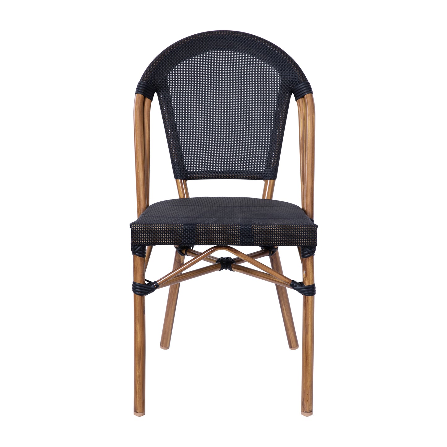 Marseille Indoor/Outdoor Commercial Bistro Stacking Chair, Black Textilene Back and Seat, Bamboo Print Aluminum Frame in Natural Black/Natural Frame