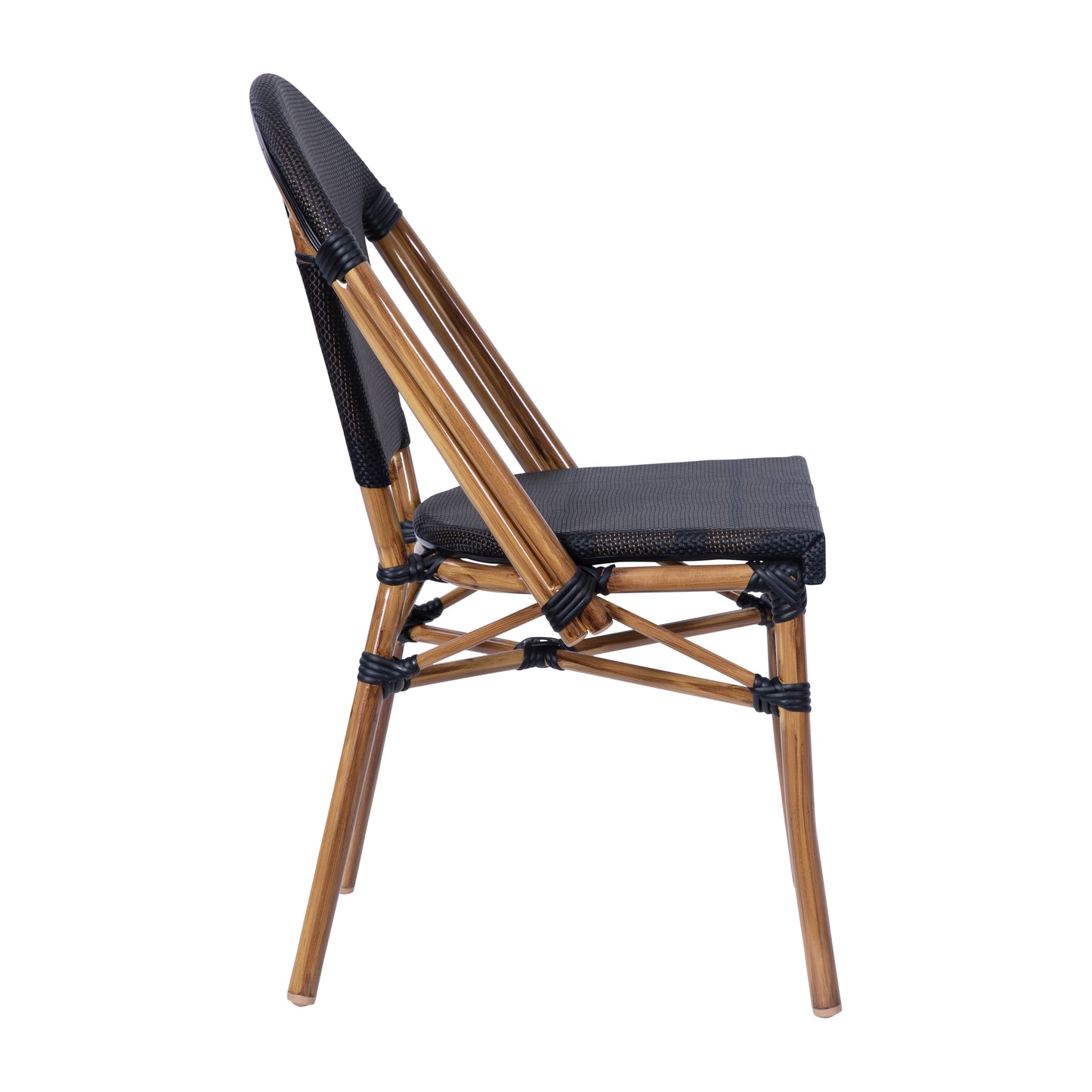 Marseille Indoor/Outdoor Commercial Bistro Stacking Chair, Black Textilene Back and Seat, Bamboo Print Aluminum Frame in Natural Black/Natural Frame