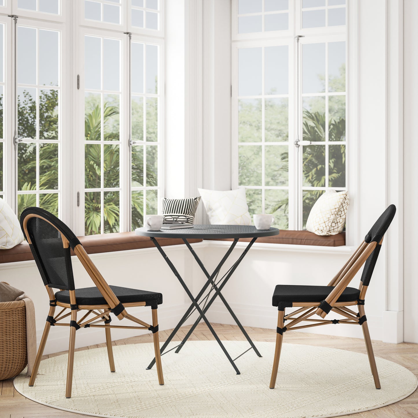 Marseille Indoor/Outdoor Commercial Bistro Stacking Chair, Black Textilene Back and Seat, Bamboo Print Aluminum Frame in Natural Black/Natural Frame