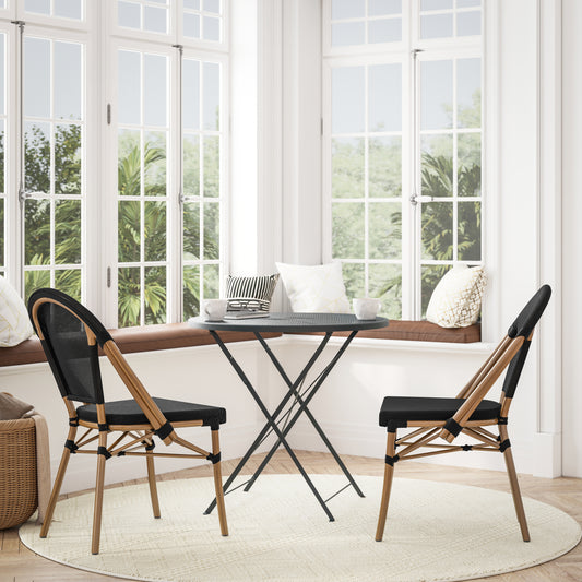 Marseille Indoor/Outdoor Commercial Bistro Stacking Chair, Black Textilene Back and Seat, Bamboo Print Aluminum Frame in Natural Black/Natural Frame